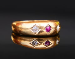1892 British Three Stones Ring Ruby Diamonds solid 18K Gold / Ø US6 / 2gr