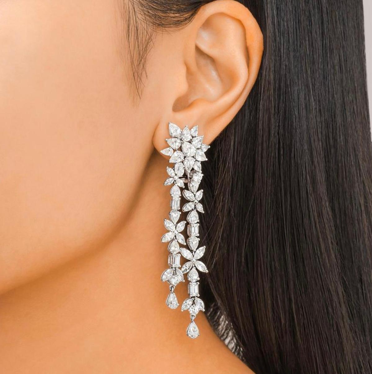 Pear Cut 18.92 Carat White Fancy Cut Diamond Chandelier Earrings In 18K White Gold.  For Sale