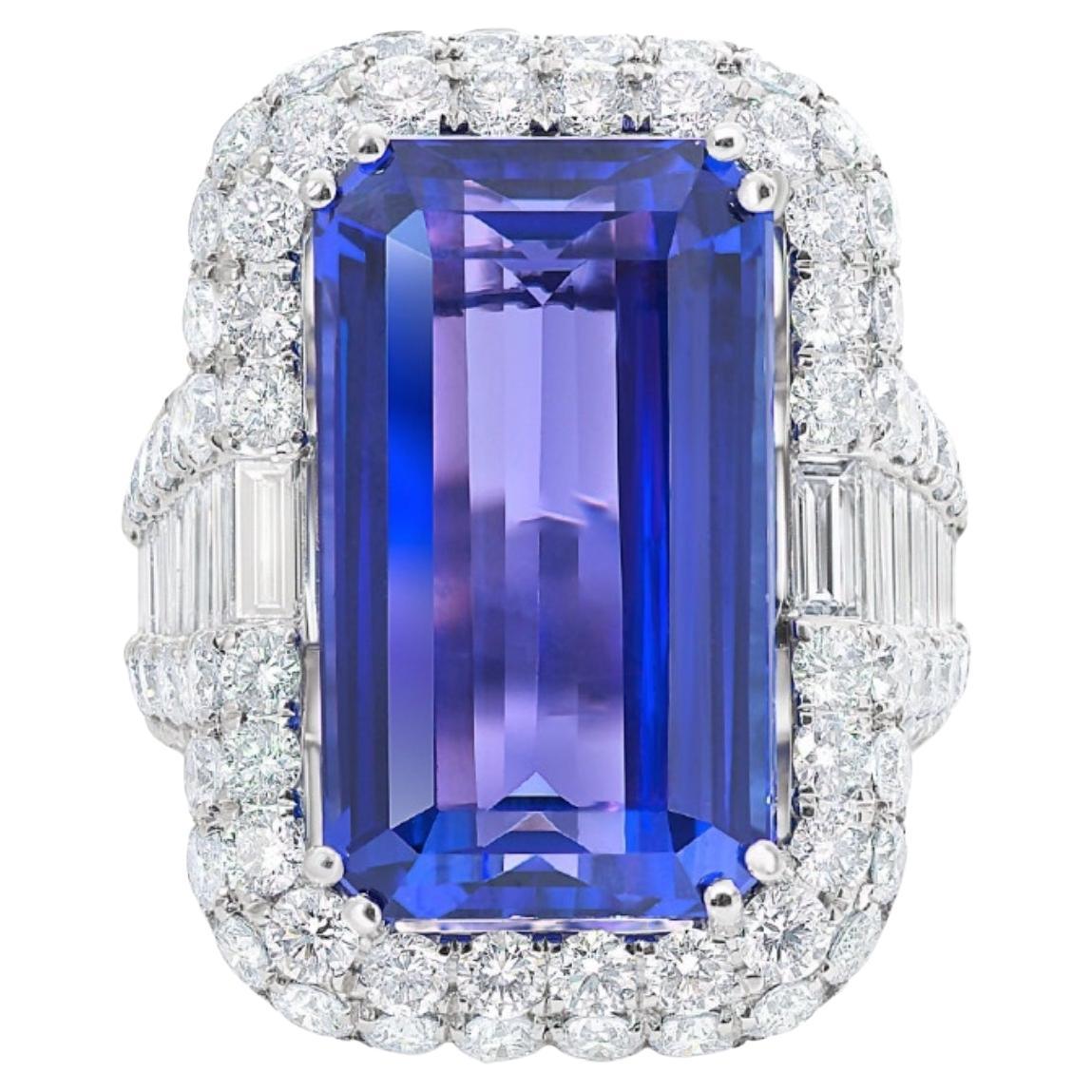 18.92 Emerald Cut Tanzanite and Diamond Ring