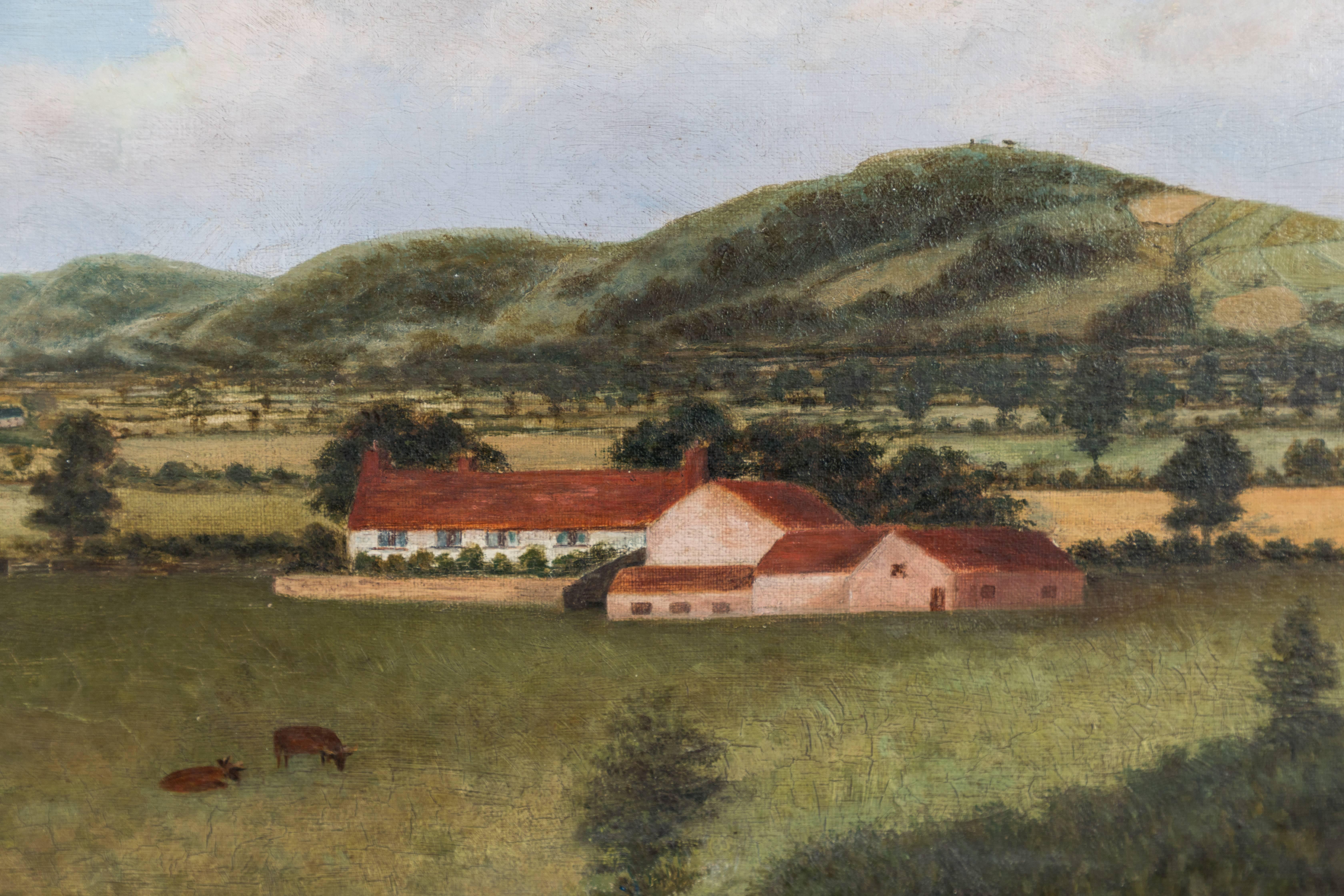 Late 19th century rural scene. Farm buildings, animals, mountains, etc. Some minor repairs as shown at back.  Offered at ,.      