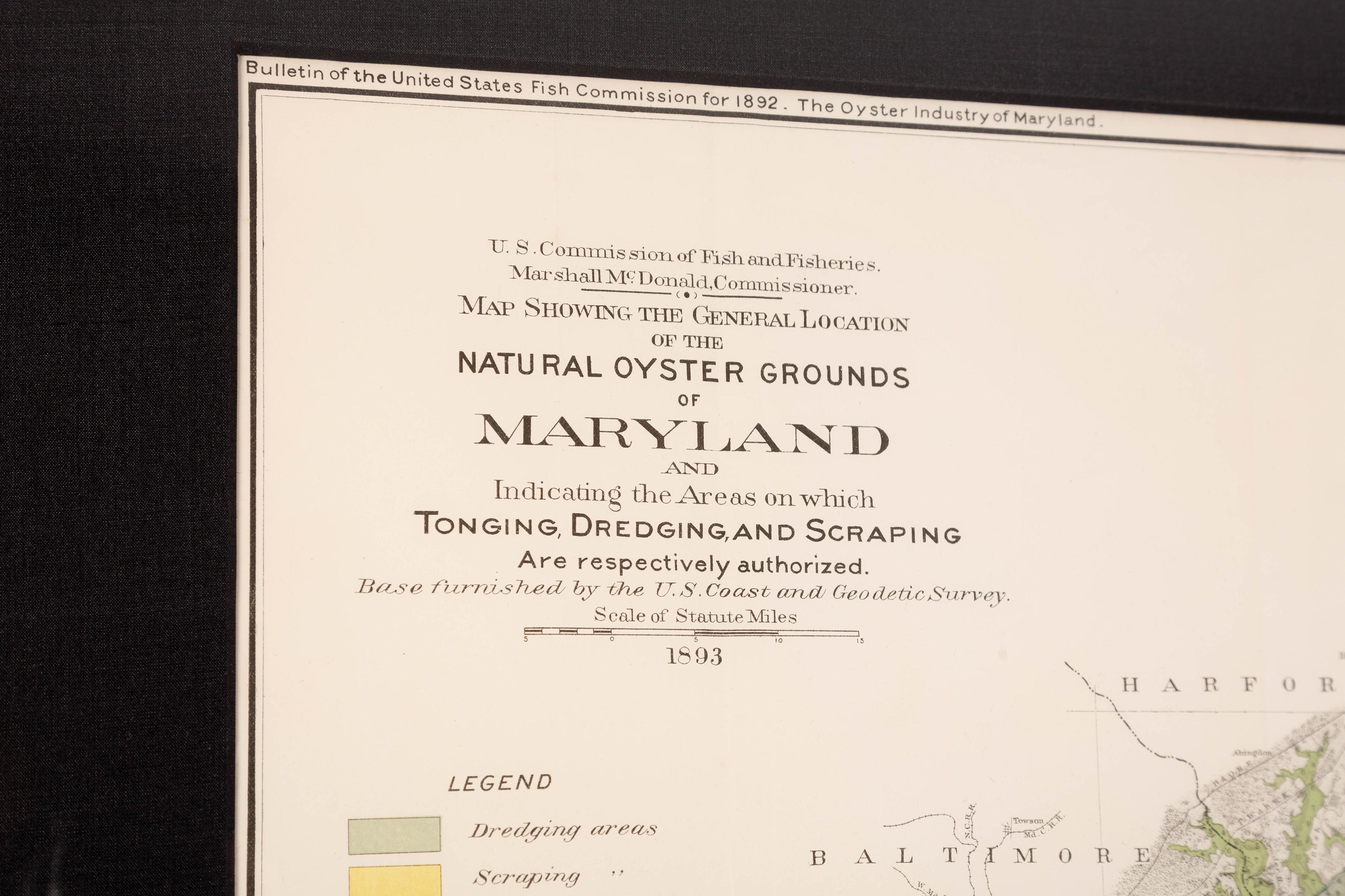 This map is an 1893 map of Maryland, a chart focused on the oyster fishing beds of the Chesapeake Bay and part of Chincoteague Bay. The map was published for the Bulletin of the United States Fish Commission, 1893. 

The Chesapeake Bay has long
