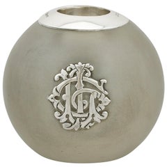 1893 Antique Victorian Frosted Glass and Sterling Silver Match Striker