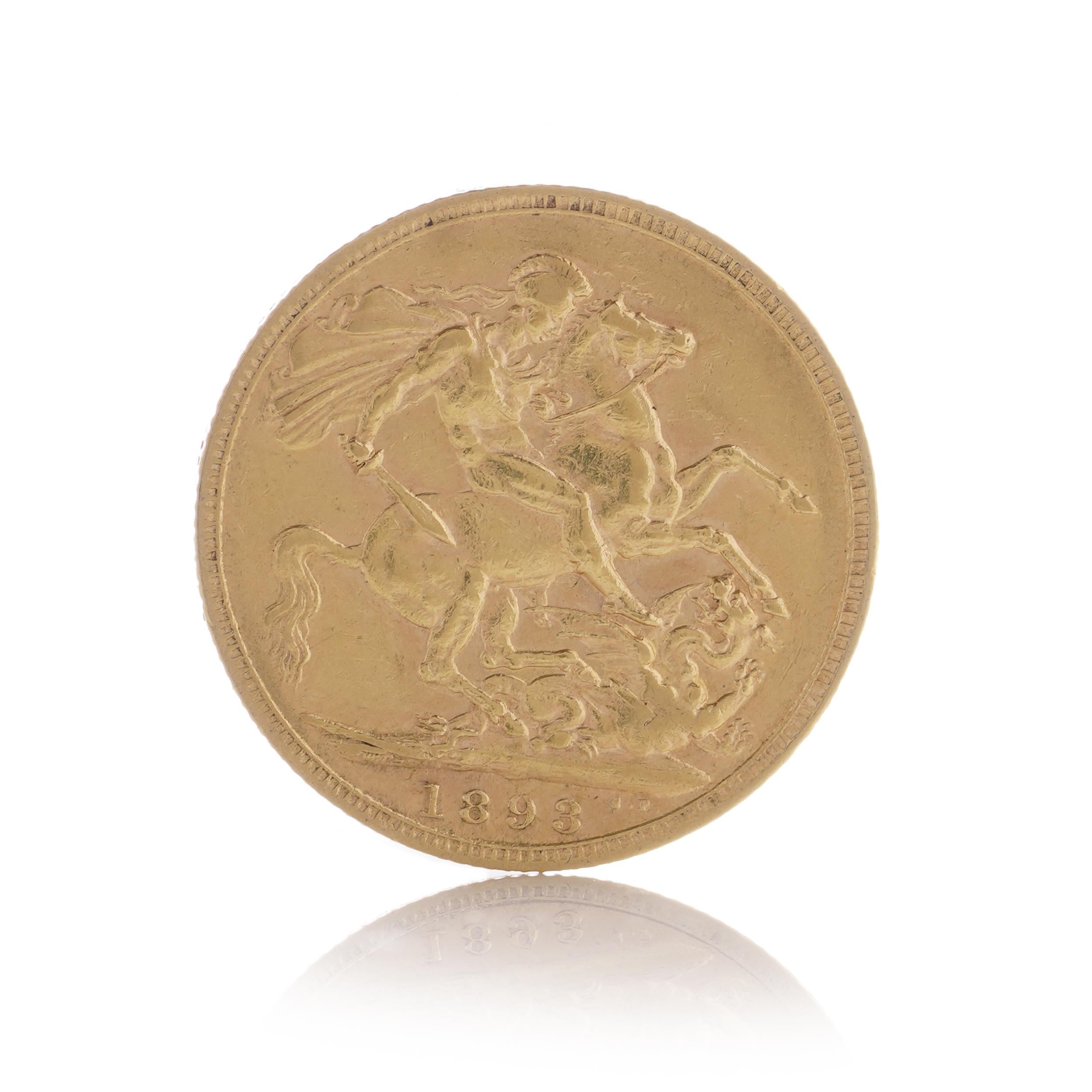 This is an 1893 gold Sovereign with the portrait of Queen Victoria, featuring the traditional George and Dragon design and provided in a plastic capsule. The M mintmark denotes the Melbourne Mint in Australia.

Manufacturer: Royal Mint
Weight