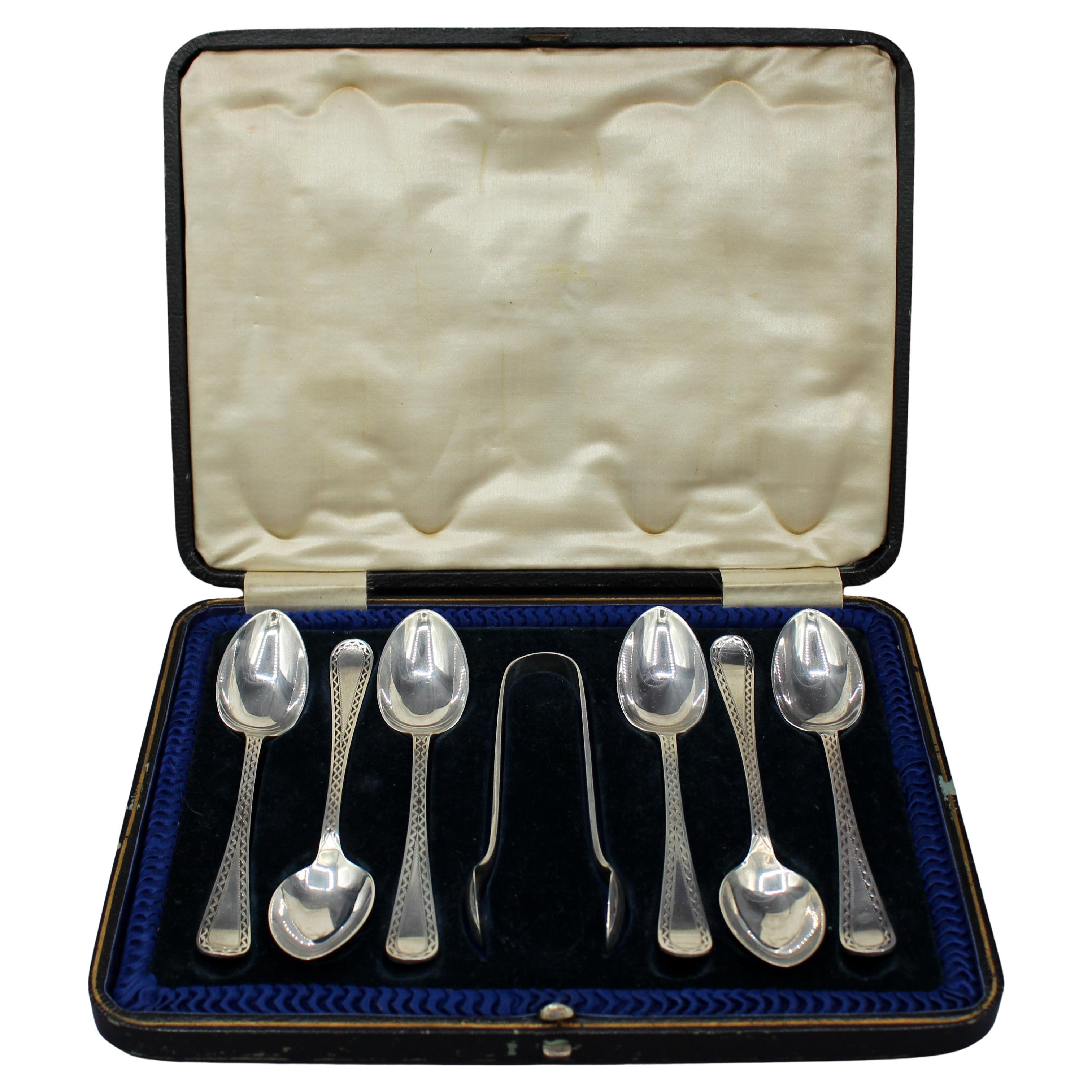 1893 Set of 6 English Sterling Silver Tea Spoons 
Sugar Tongs