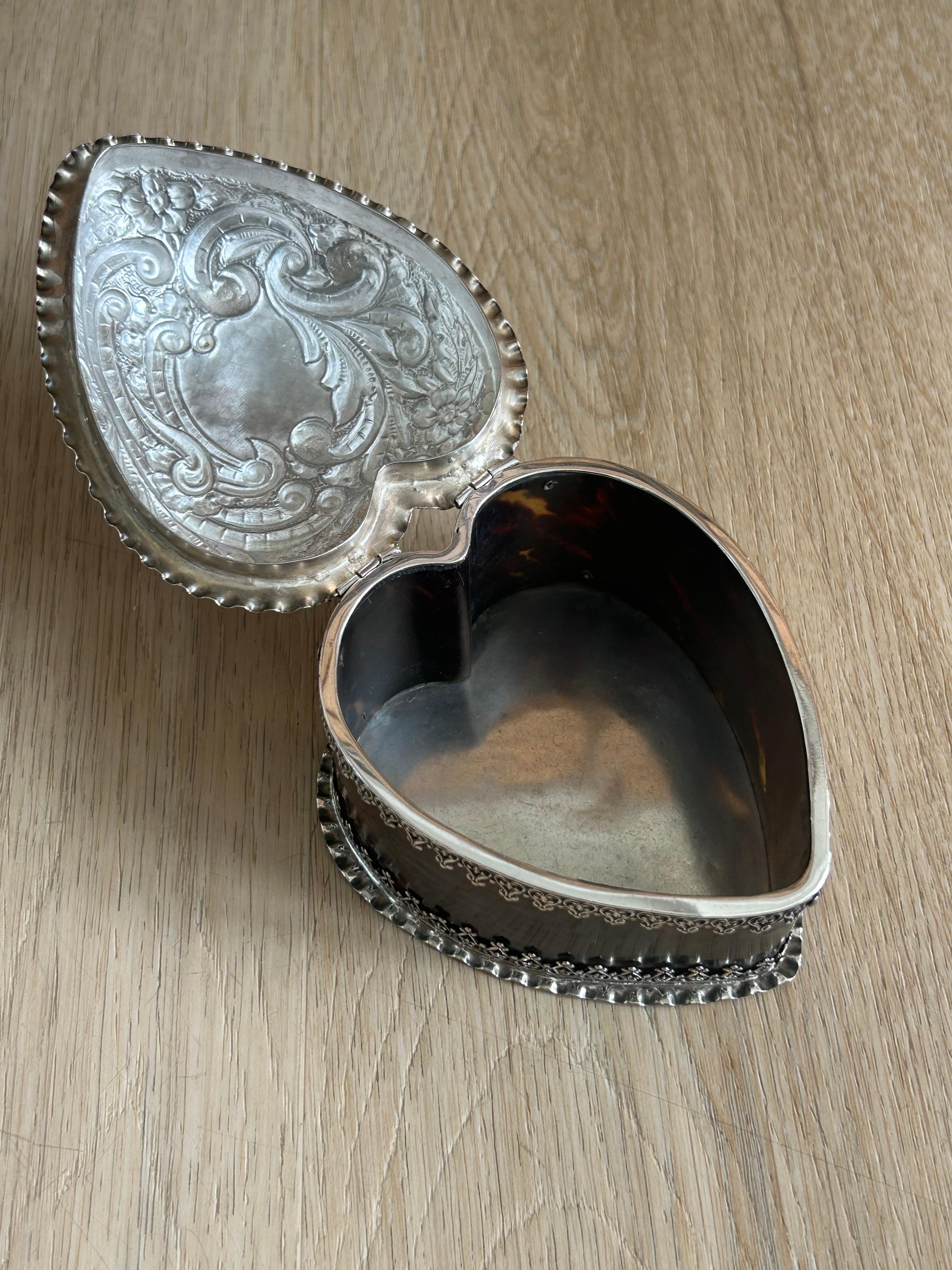 19th Century 1893 Silver And Tortoiseshell Heart Shaped Box For Sale