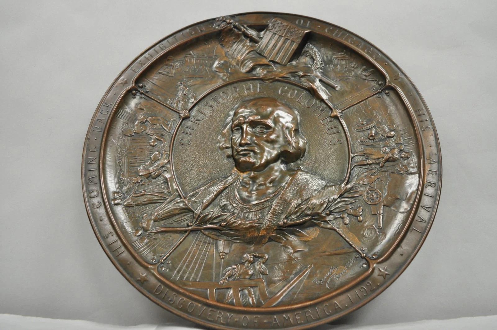 1893 World's Fair Columbian Exhibition Christopher Columbus Bronze Charge Plaque For Sale 6