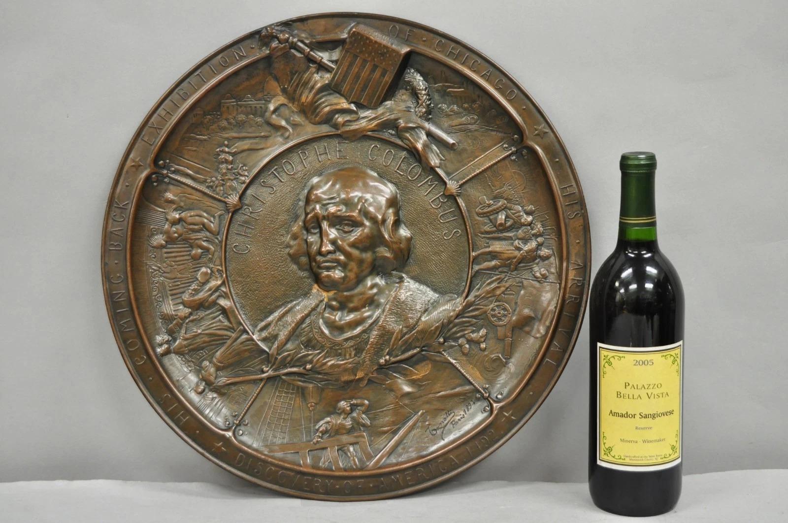 Antique 1893 World's Fair Columbian Exhibition Christopher Columbus Bronze Charge Plaque. 