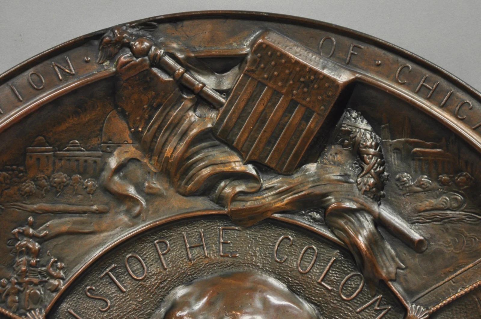 Unknown 1893 World's Fair Columbian Exhibition Christopher Columbus Bronze Charge Plaque For Sale