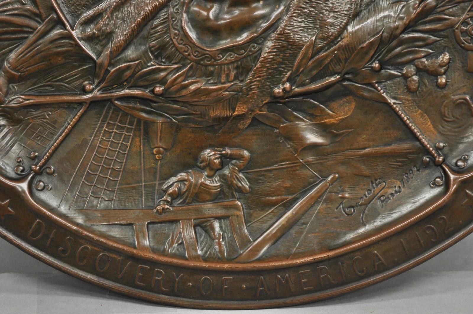 1893 World's Fair Columbian Exhibition Christopher Columbus Bronze Charge Plaque In Good Condition For Sale In Philadelphia, PA