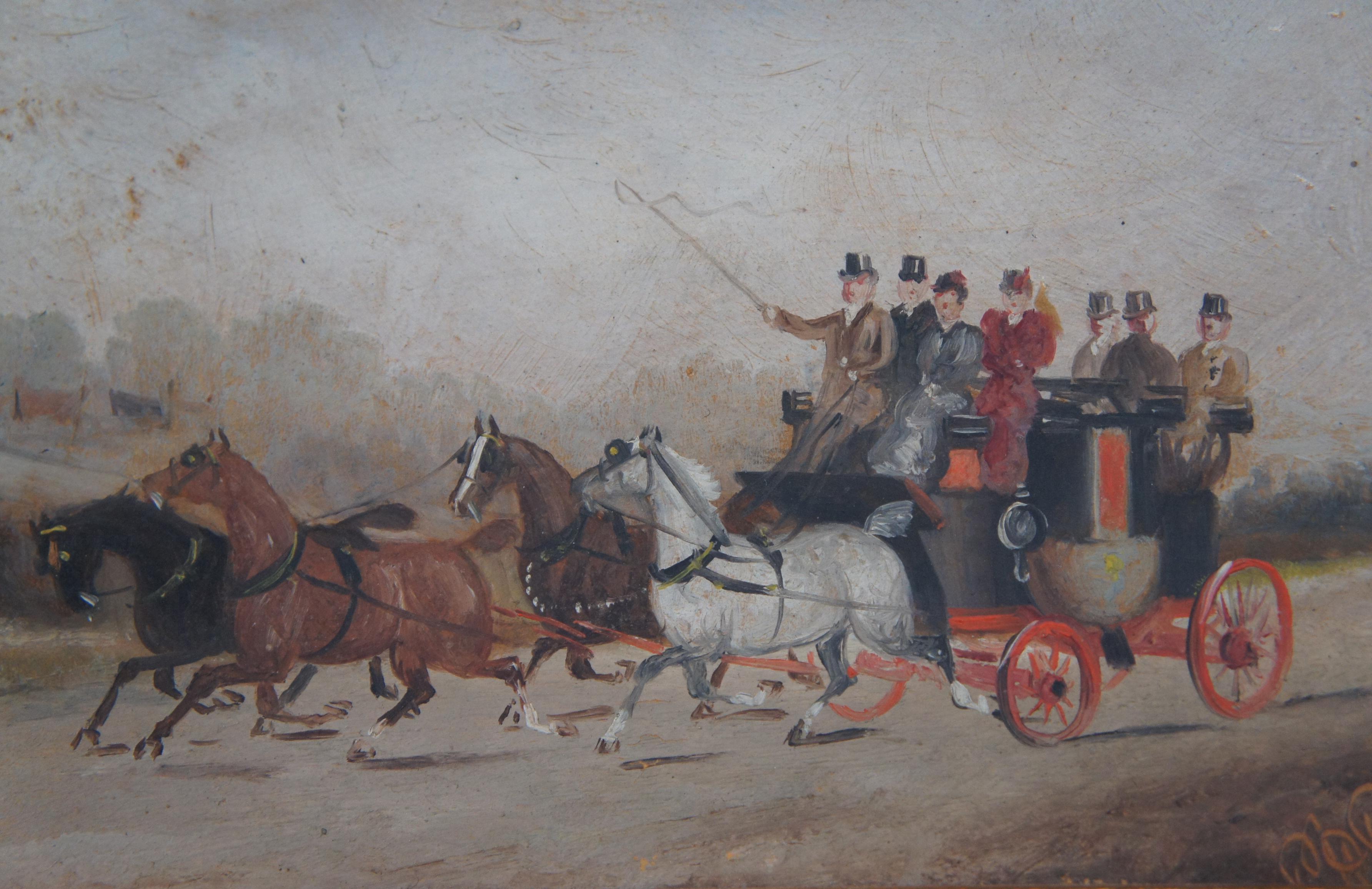 1894 Antique English Georgian Stagecoach Landscape Oil Painting Horses Wagon 5