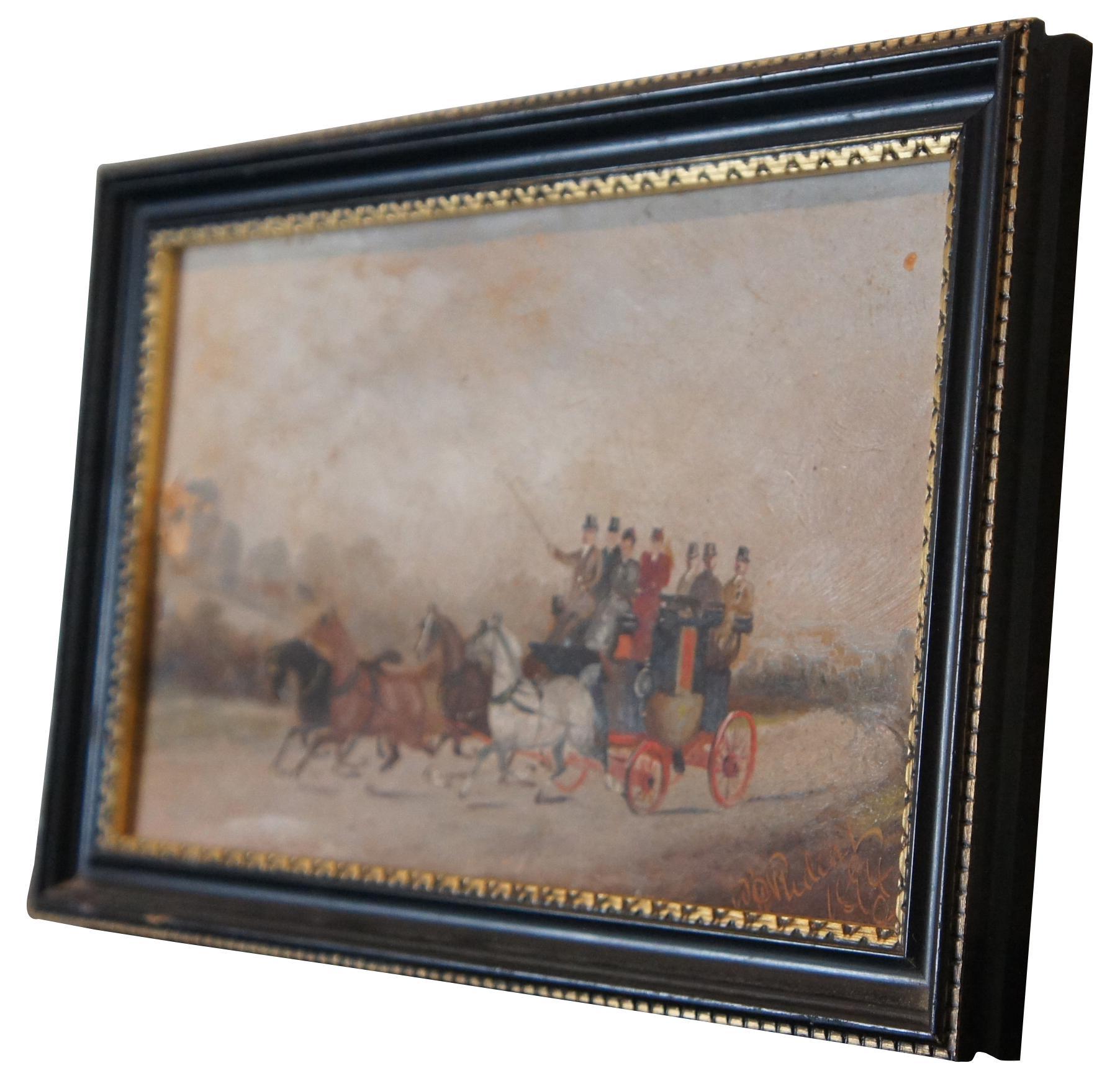 Antique oil painting on canvas painting showing a landscape of a road being traversed by a full stagecoach pulled by a team of three horses, with men / women dressed in formal attire. Signed in lower corner and dated 1894 (although the label on the