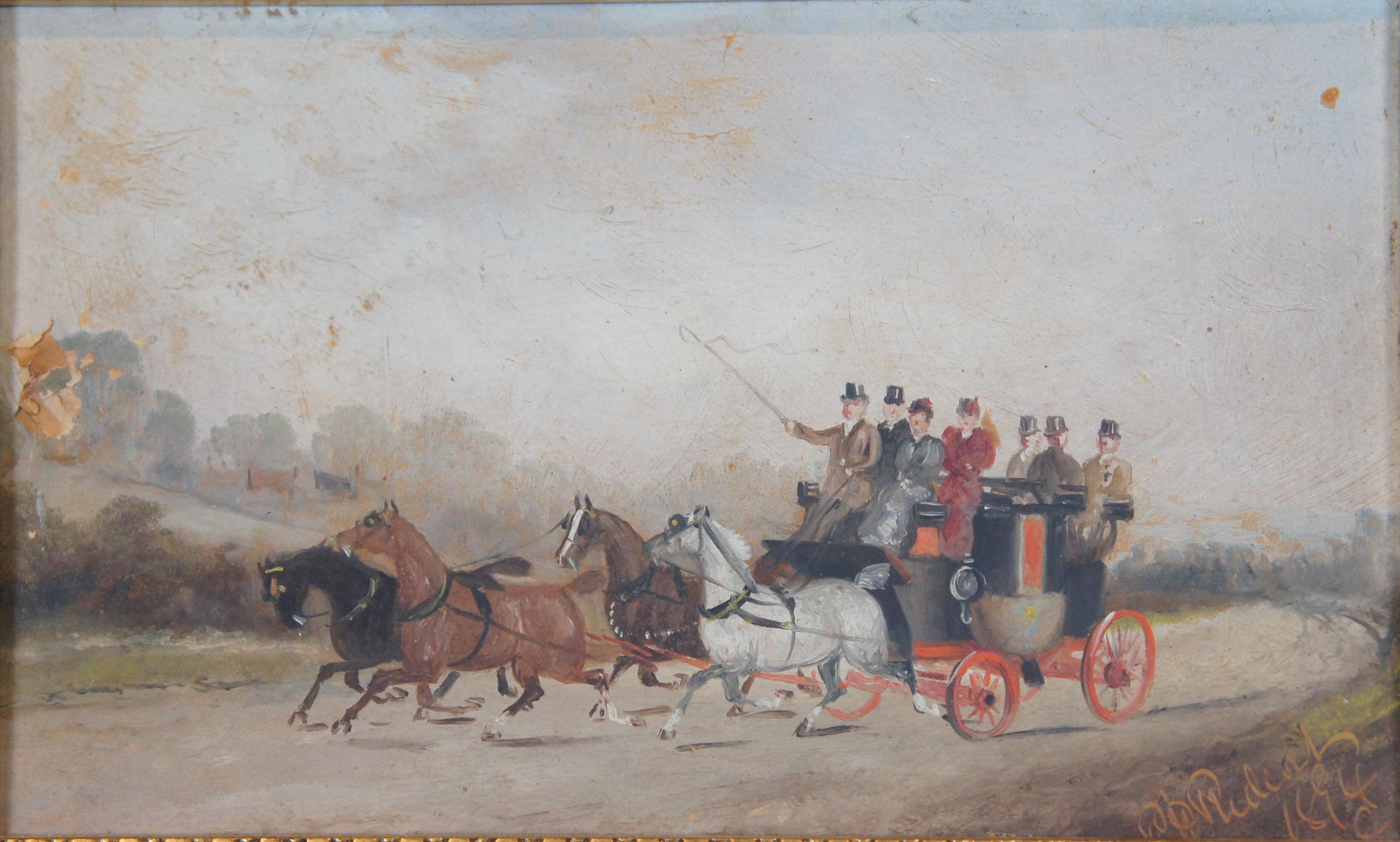 Late 19th Century 1894 Antique English Georgian Stagecoach Landscape Oil Painting Horses Wagon