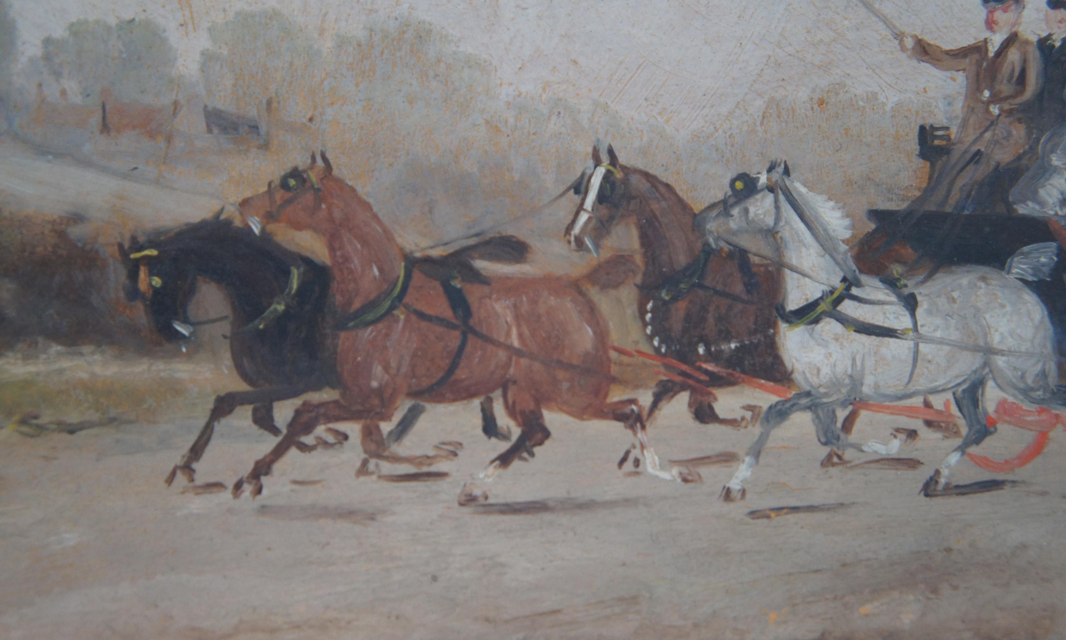 1894 Antique English Georgian Stagecoach Landscape Oil Painting Horses Wagon 2