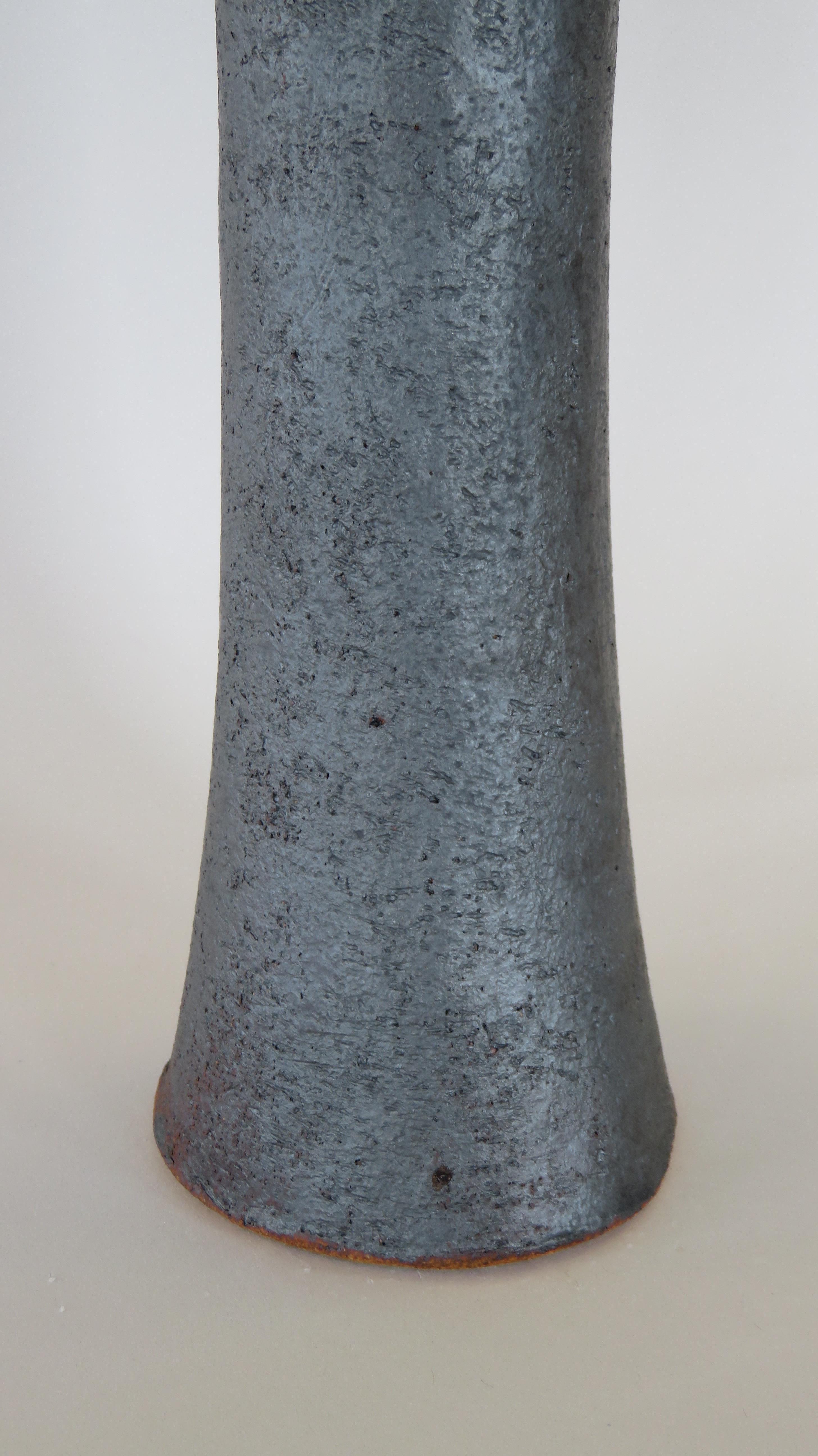 Tall, Tubular Metallic Black Ceramic Stoneware Vase, 19 3/8 Inches Tall In New Condition In New York, NY