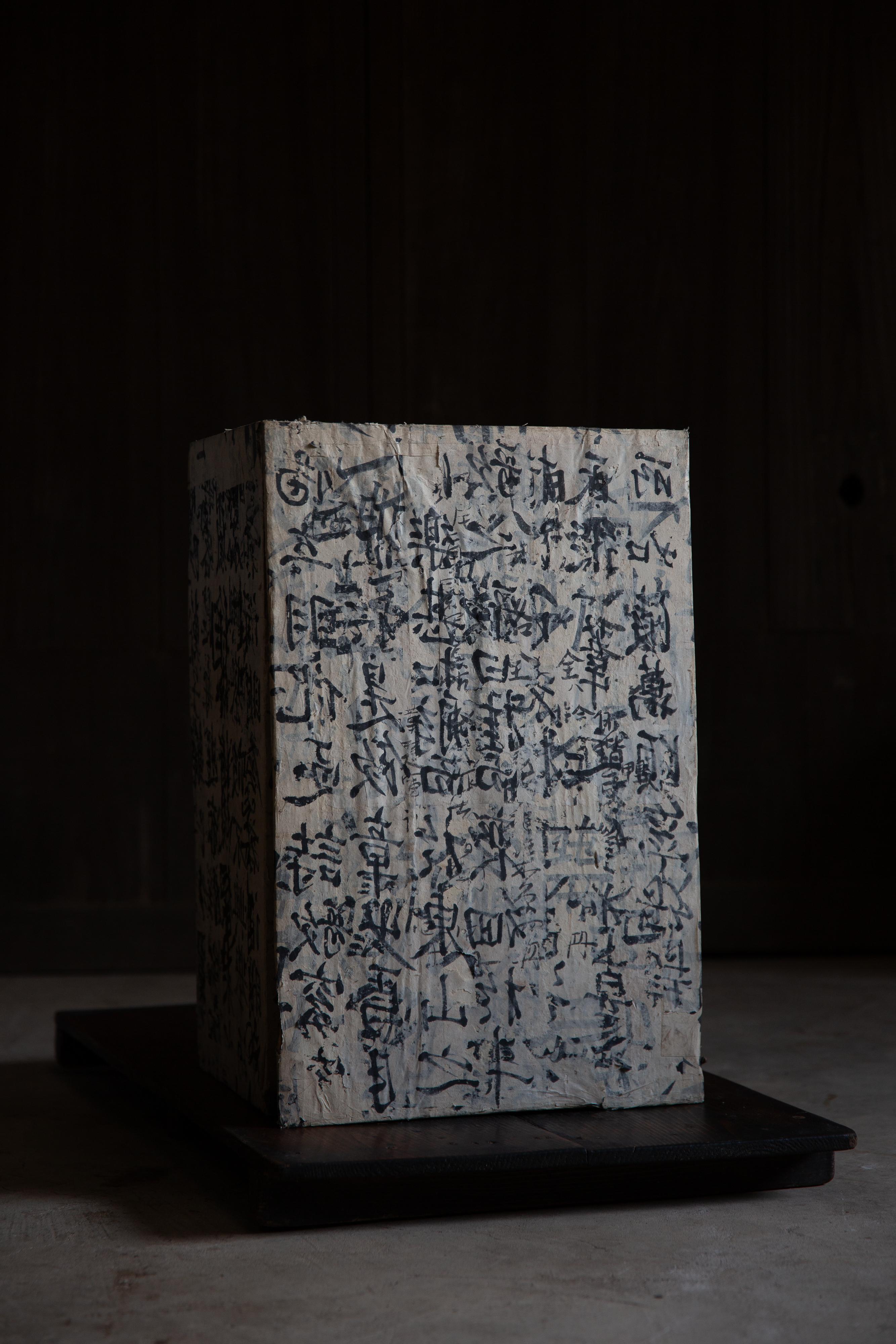 1894 Meiji Japanisch Antike Washi Papier bedeckt Holzkiste wabi sabi primitiv (Holzarbeit) im Angebot