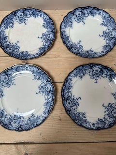 1894 Mikado Porcelain, Bone China, Blue White Gild border Set of 4 Dinner Plates