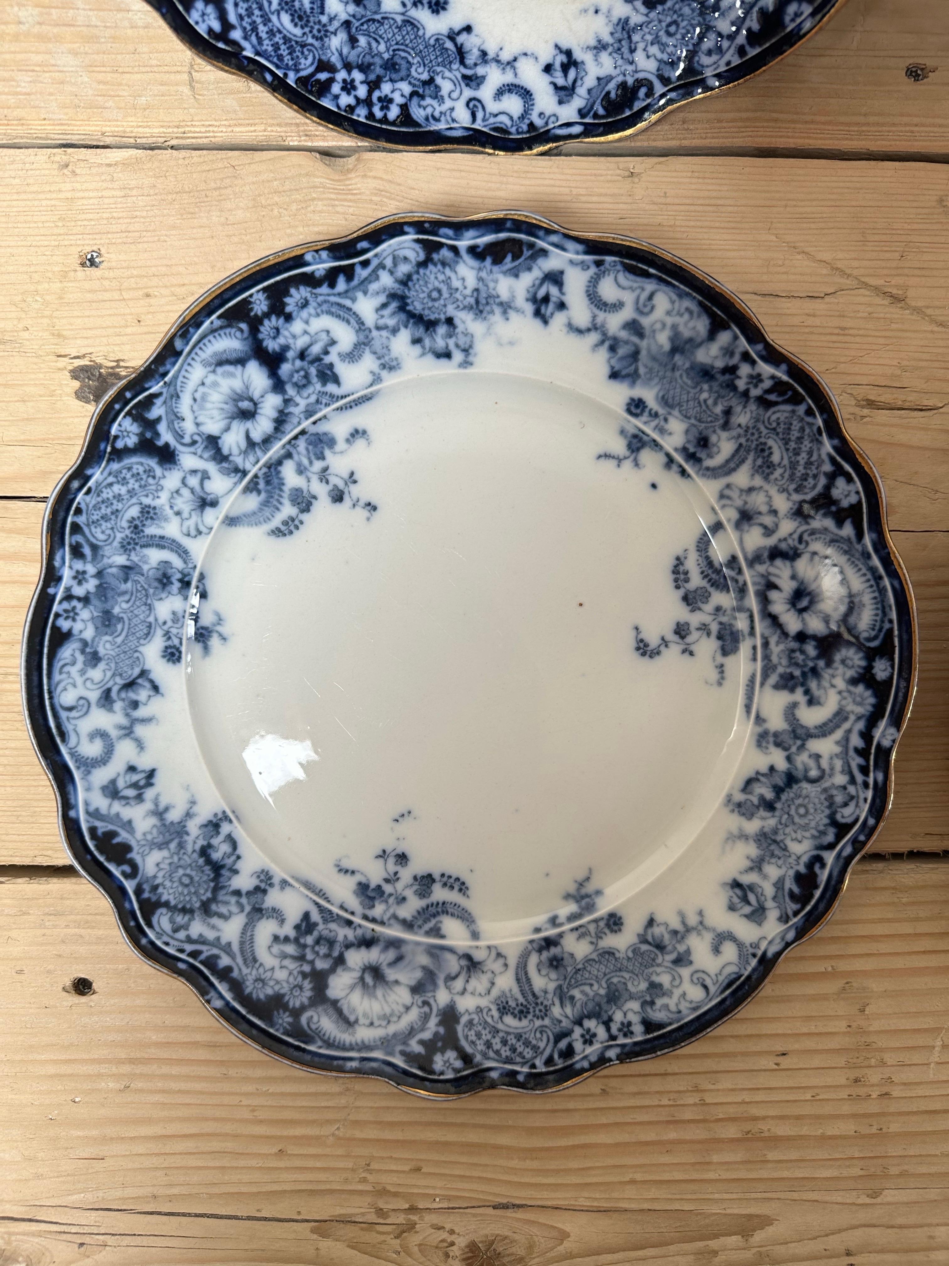 1894 Mikado-Porzellan, Knochenporzellan, blau-weißer Goldrand, Satz von 4 Speisetellern (19. Jahrhundert) im Angebot