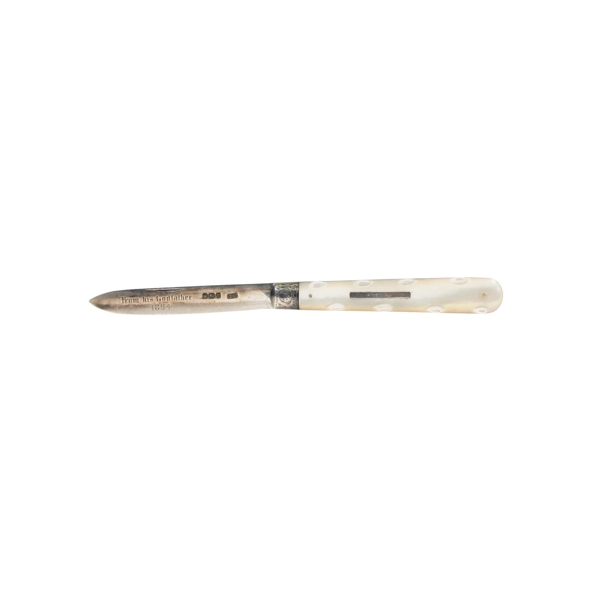 English 1894 Thompson Jewelers Mother of Pearl Fruit Knife For Sale