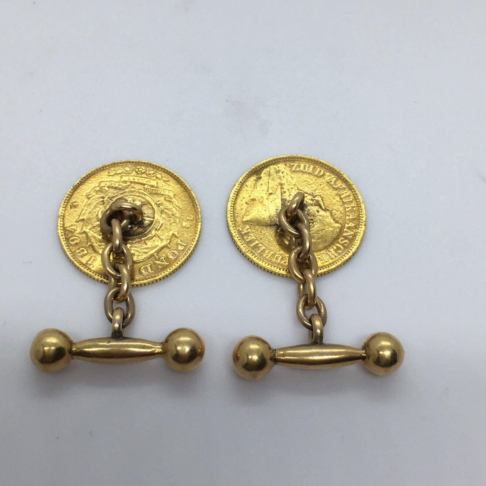 1897 Turn of Centuy 18K Gold Coin 1/2 Pond South Africa krugerrand Cufflinks

Weighting 16.1 gram
In good condition, minimum wear and tear, see pictures 
Circa 1890s

