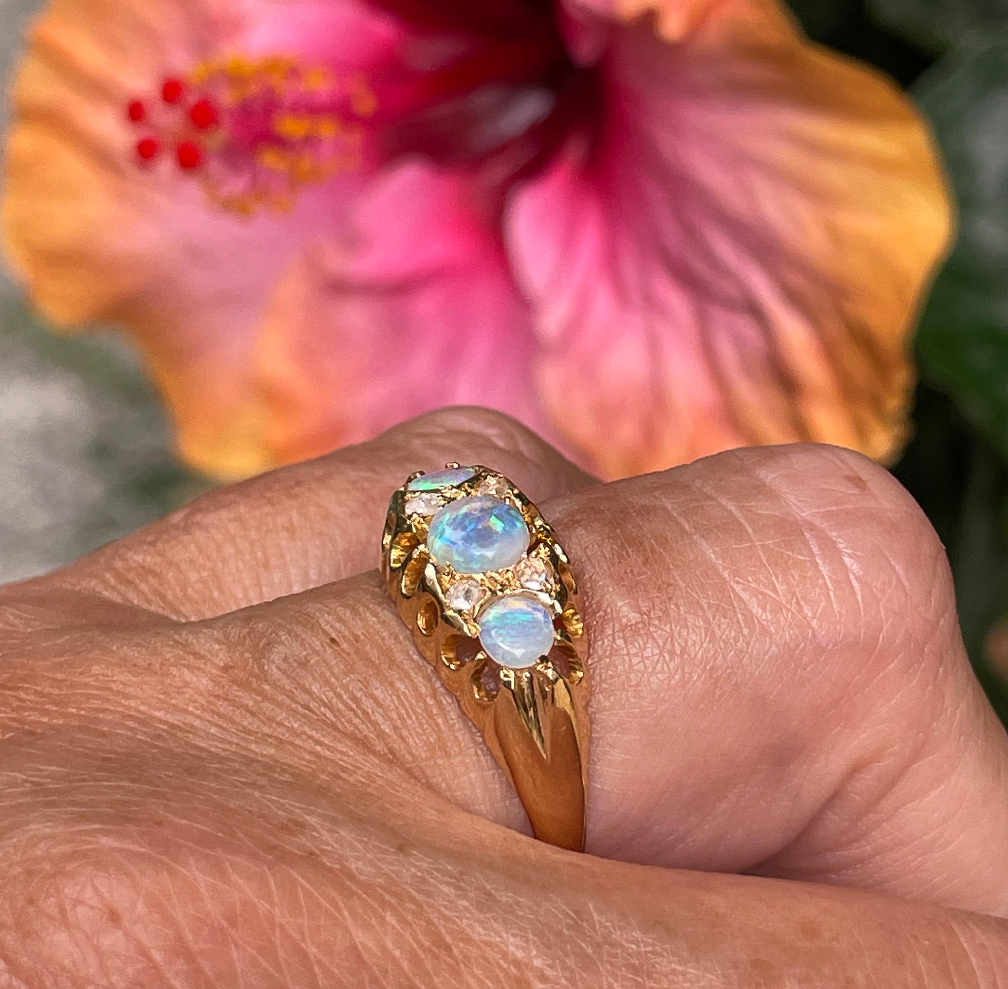 1894 Victorian Antique Opal and Diamond Wedding Anniversary 18K Gold Ring Band For Sale 3