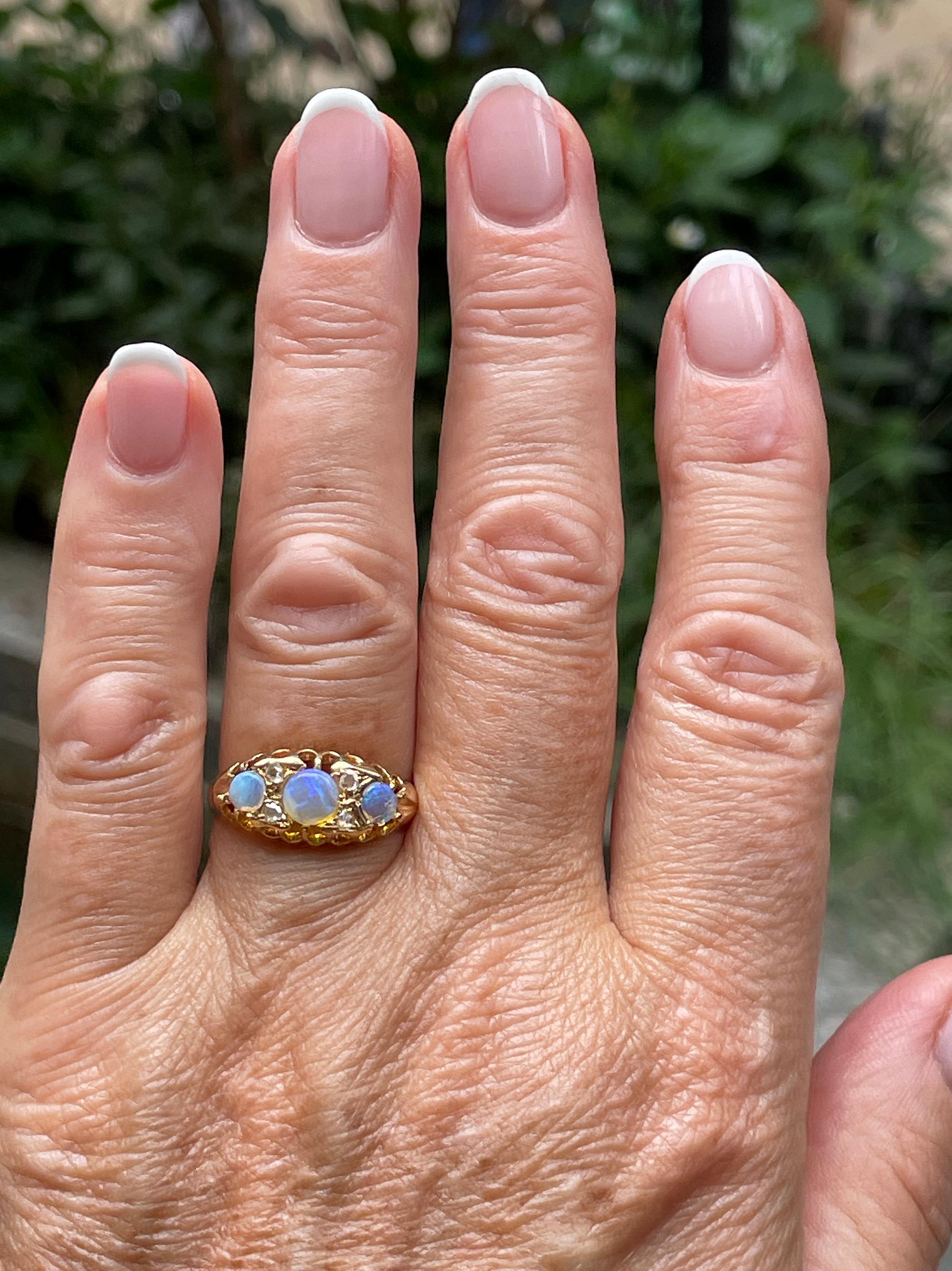 1894 Victorian Antique Opal and Diamond Wedding Anniversary 18K Gold Ring Band For Sale 4