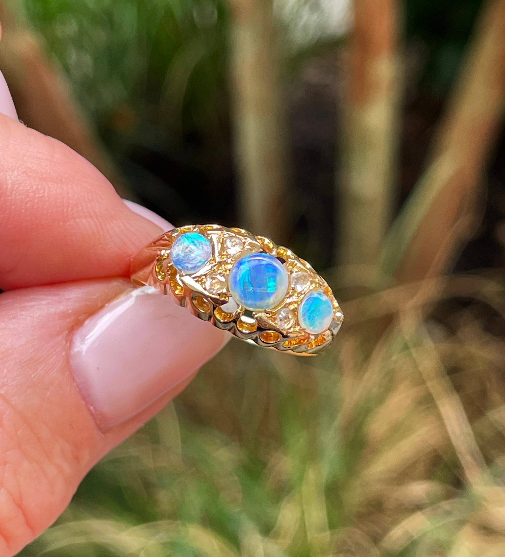 1894 Victorian Antique Opal and Diamond Wedding Anniversary 18K Gold Ring Band For Sale 6