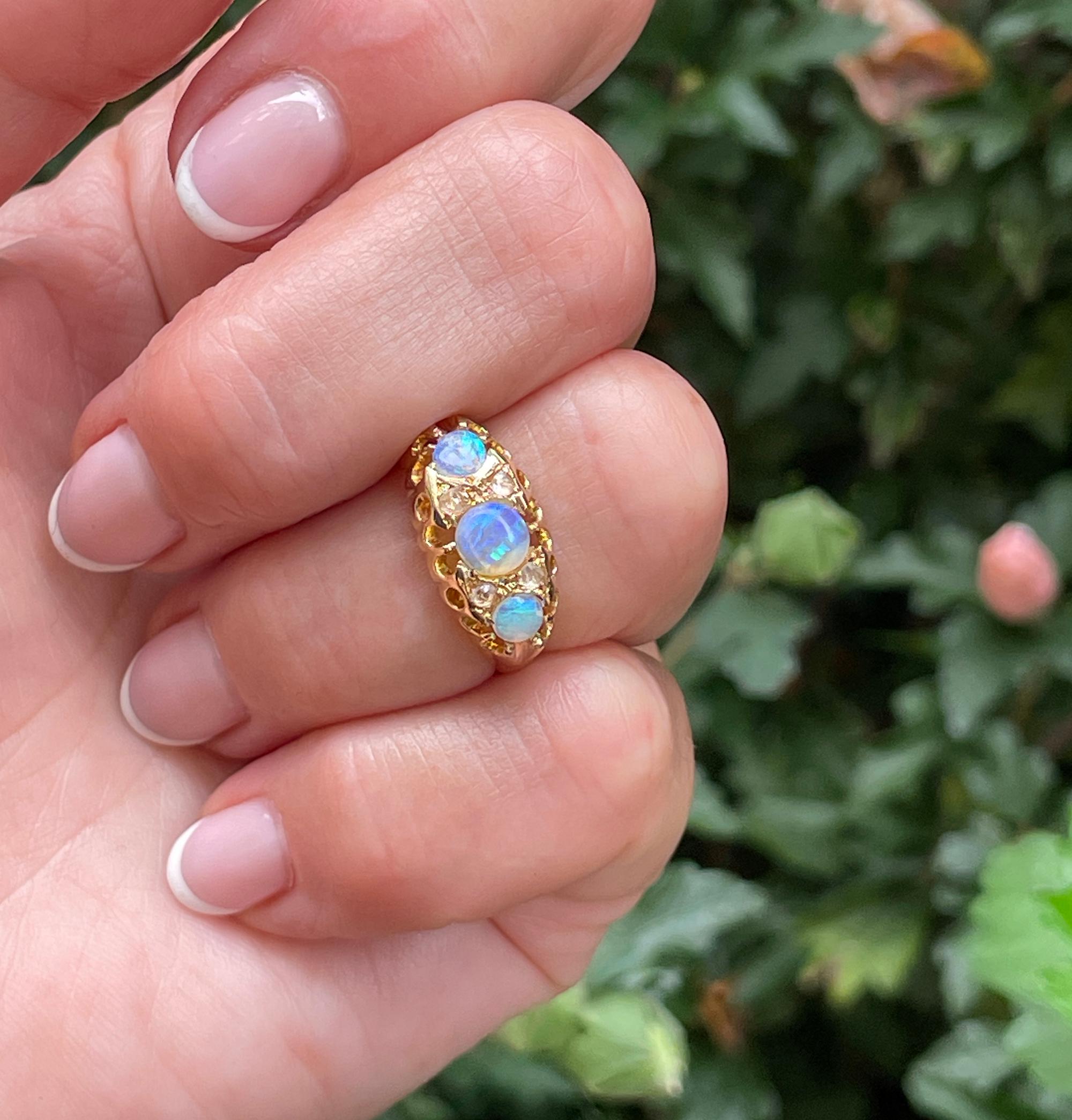 1894 Victorian Antique Opal and Diamond Wedding Anniversary 18K Gold Ring Band For Sale 7