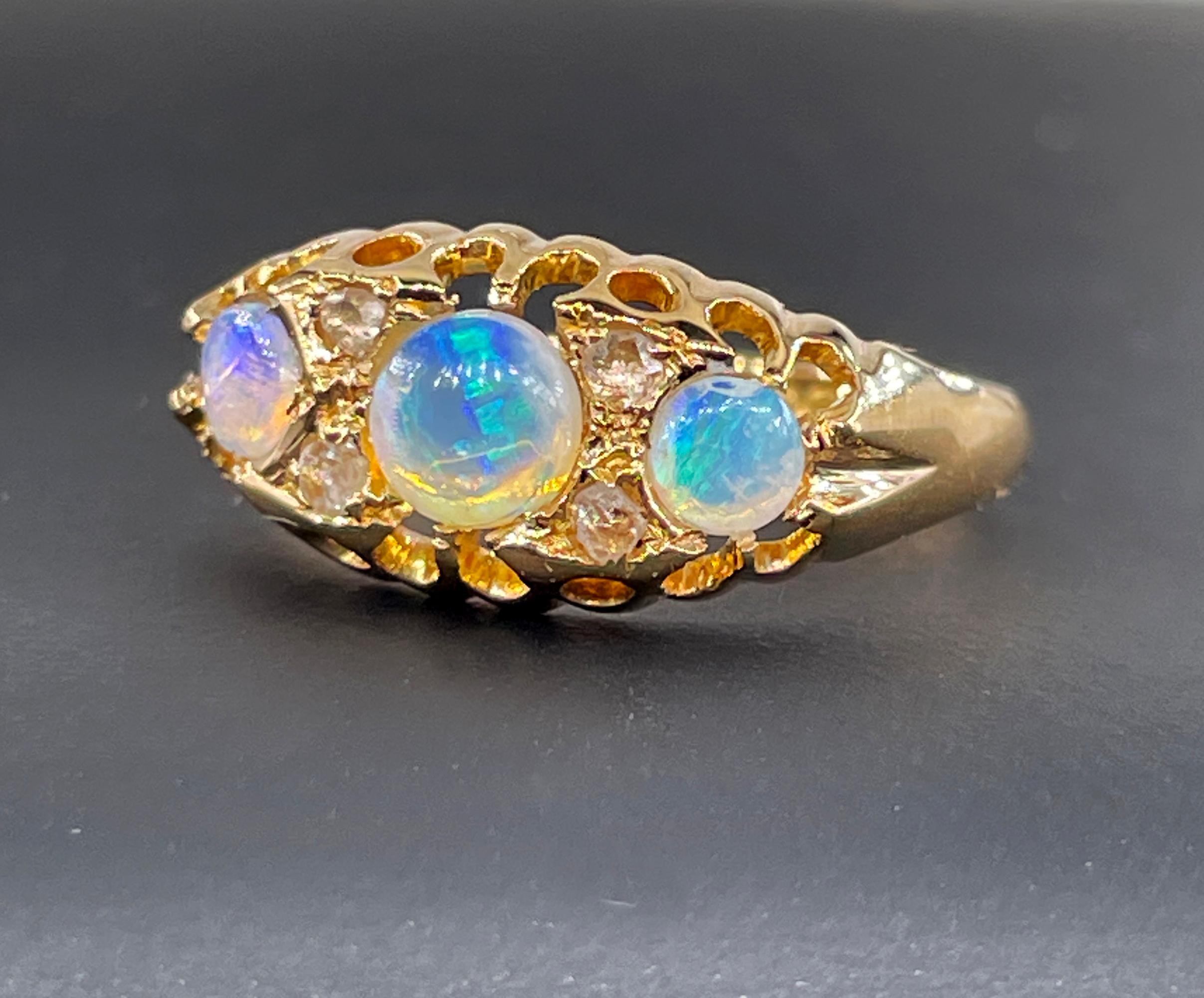 Round Cut 1894 Victorian Antique Opal and Diamond Wedding Anniversary 18K Gold Ring Band
