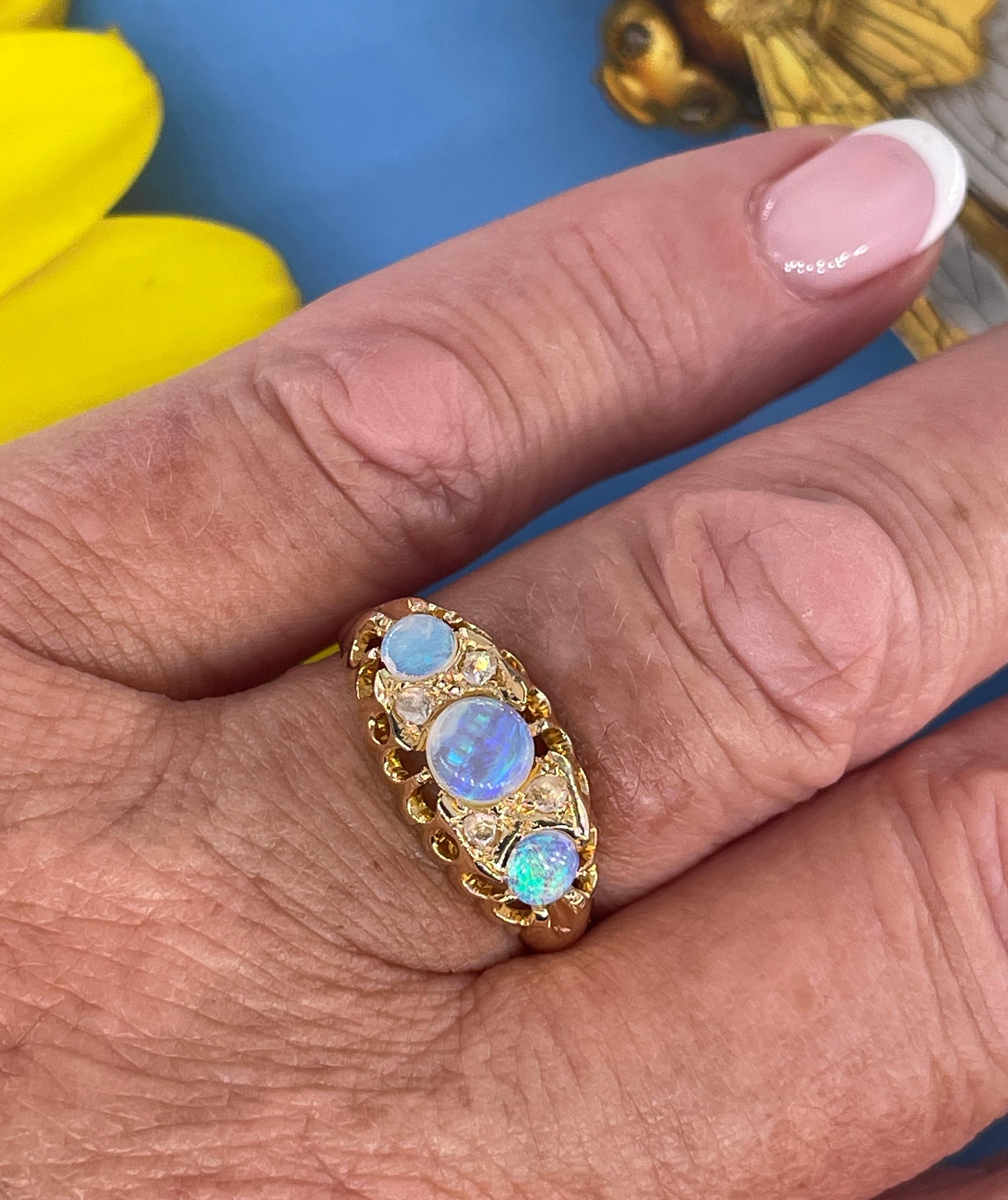 1894 Victorian Antique Opal and Diamond Wedding Anniversary 18K Gold Ring Band In Good Condition In New York, NY