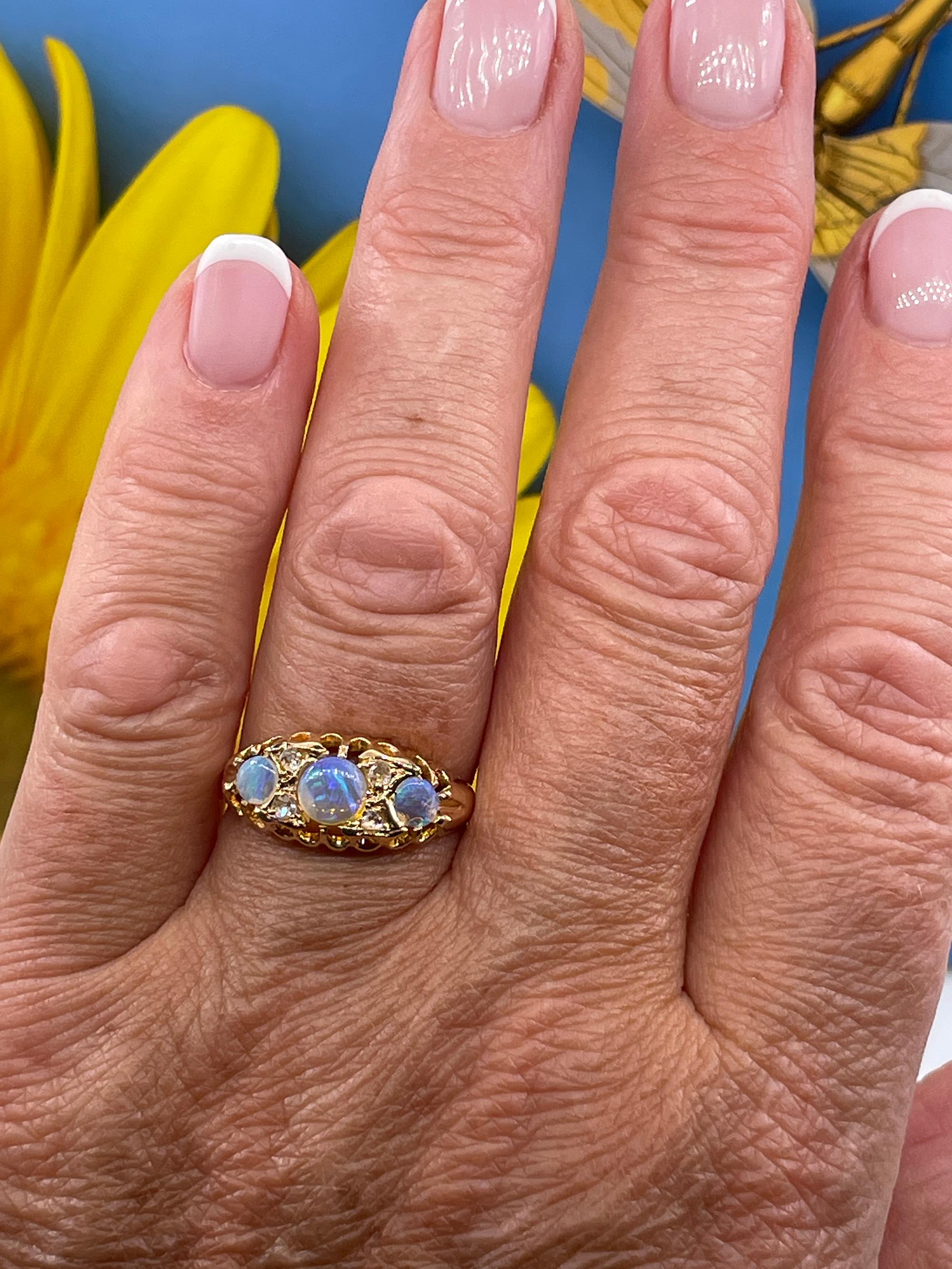 1894 Victorian Antique Opal and Diamond Wedding Anniversary 18K Gold Ring Band For Sale 1