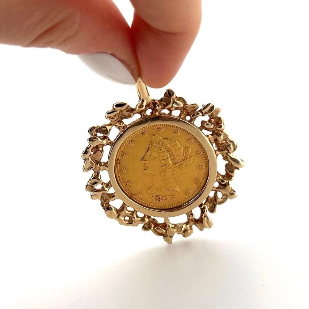 Nugget Style 14K Gold 1895 10 Dollar Liberty Head Eagle Gold Coin Pendant For Sale 1