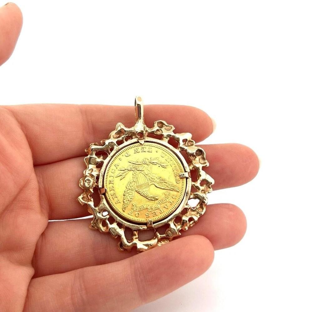 Nugget Style 14K Gold 1895 10 Dollar Liberty Head Eagle Gold Coin Pendant For Sale 2
