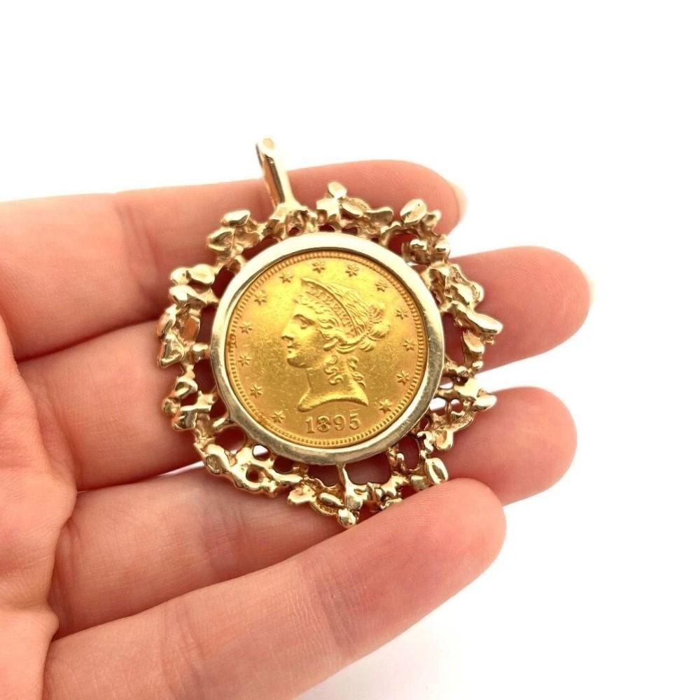 Nugget Style 14K Gold 1895 10 Dollar Liberty Head Eagle Gold Coin Pendant For Sale 3