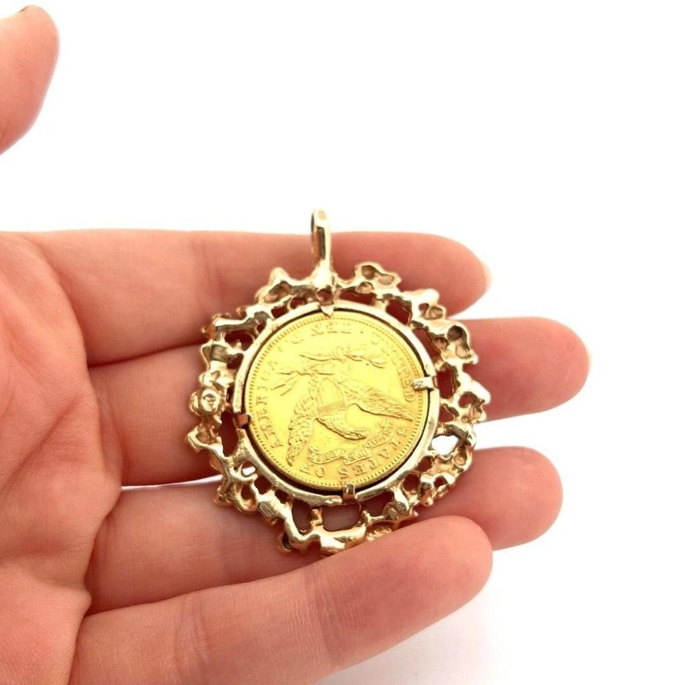 Nugget Style 14K Gold 1895 10 Dollar Liberty Head Eagle Gold Coin Pendant For Sale 4