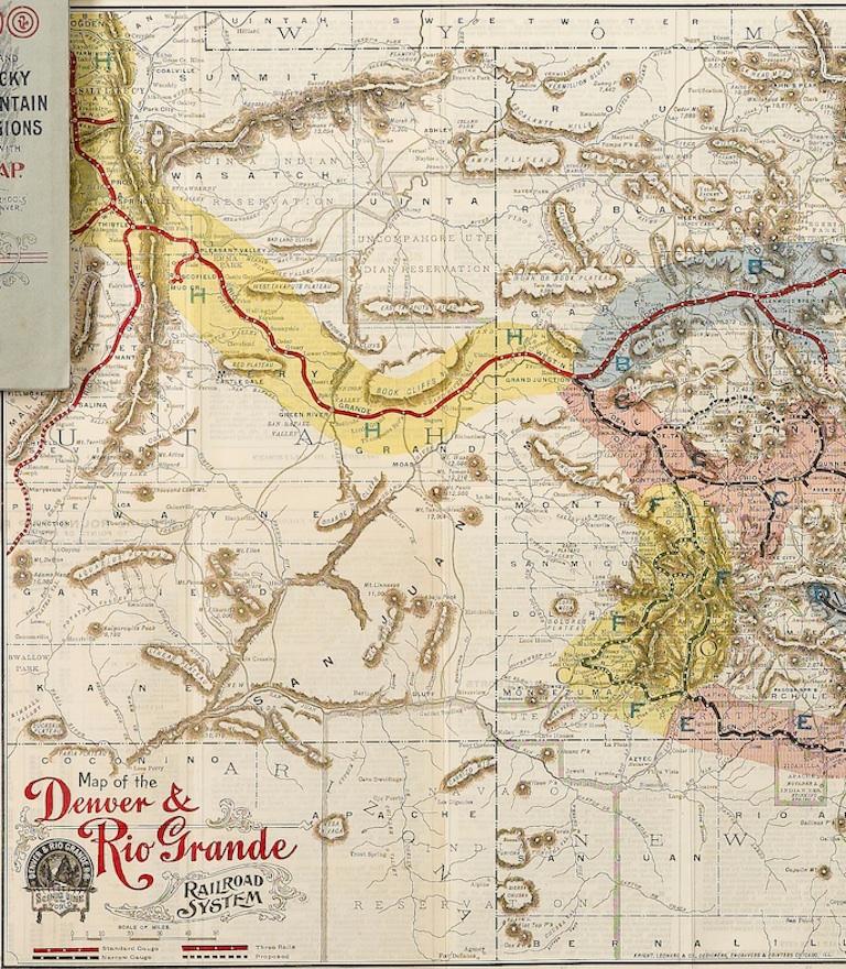 This map details the Denver & Rio Grande Railroad and was published in 1895. The map folds into a booklet titled 
