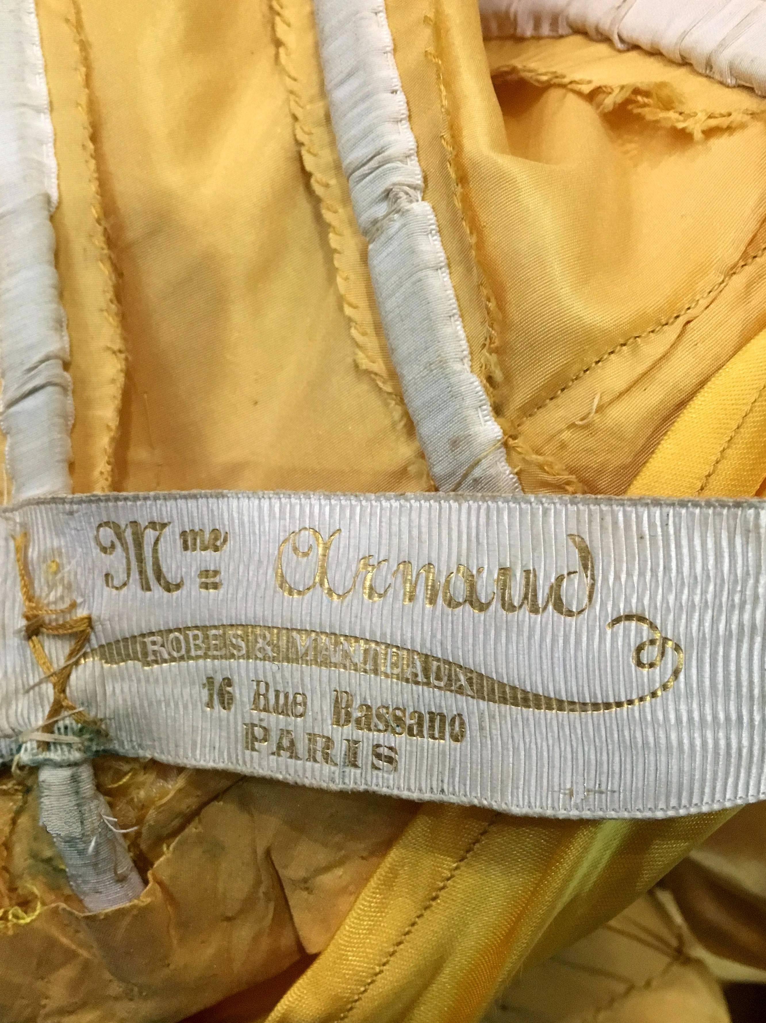 Vintage 1890's Victorian French Couture Floral Embroidered Yellow Satin Gown For Sale 6