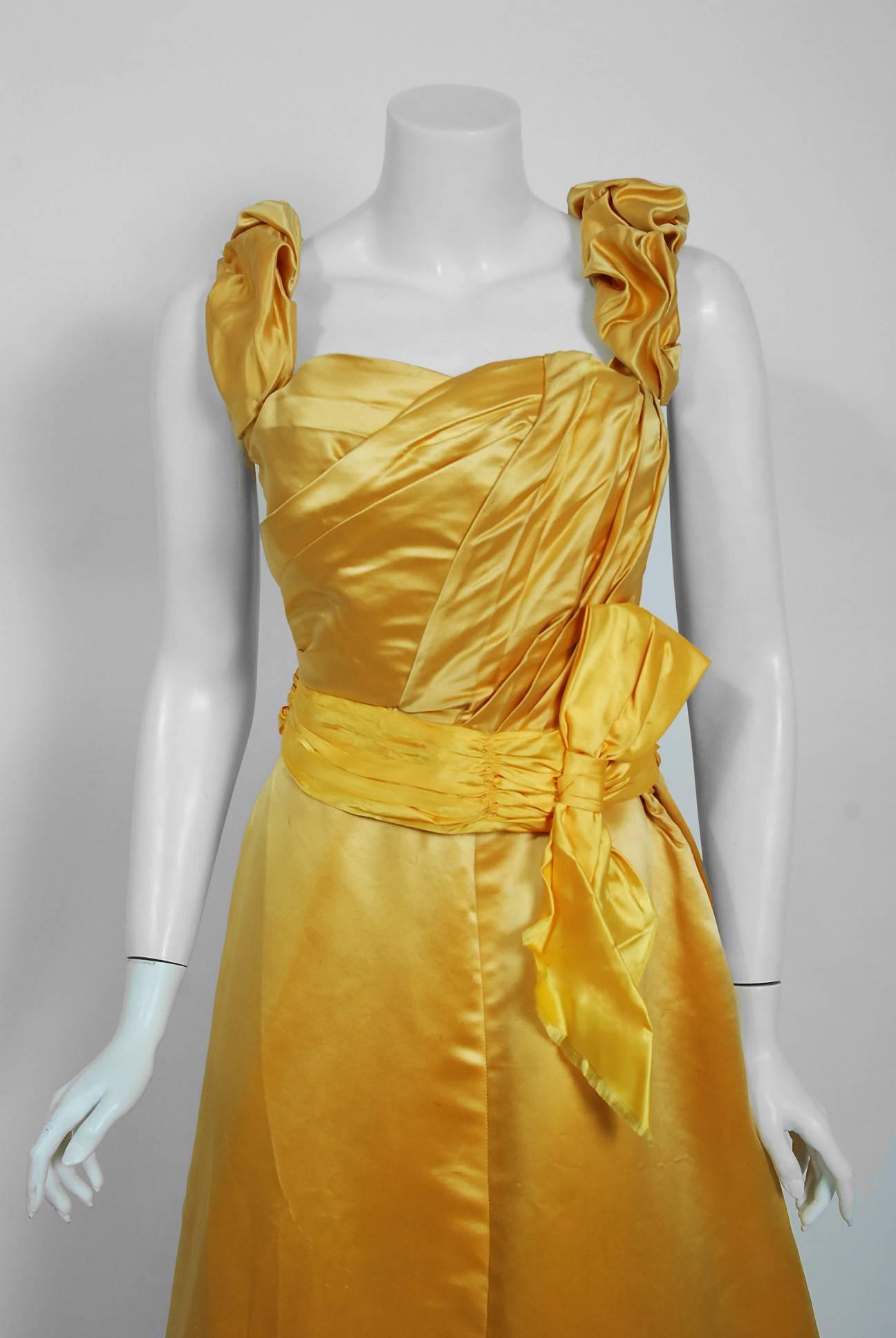 Vintage 1890's Victorian French Couture Floral Embroidered Yellow Satin Gown In Good Condition For Sale In Beverly Hills, CA