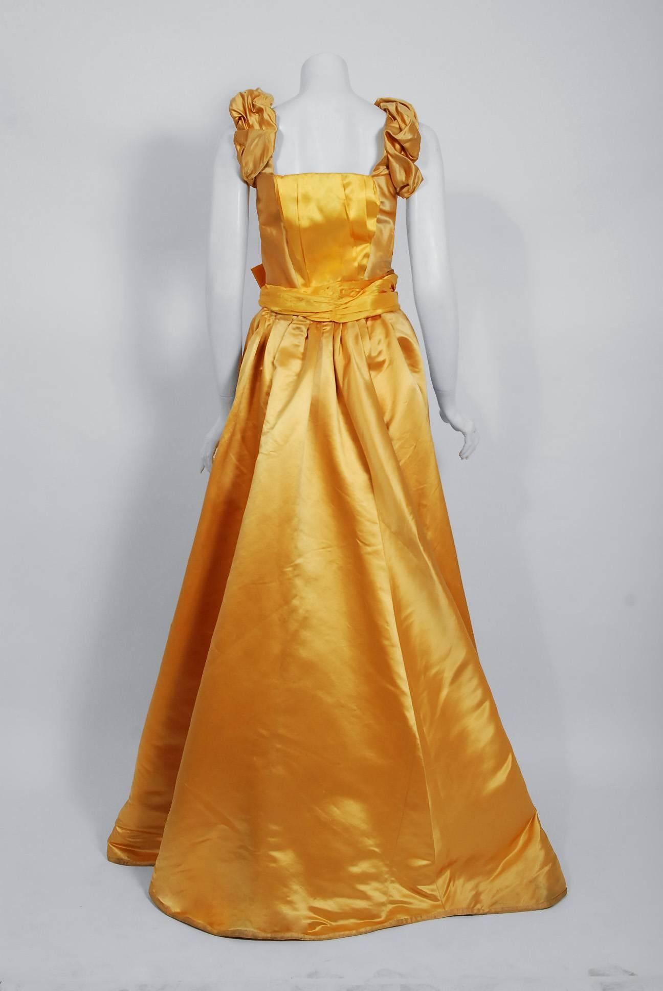 Vintage 1890's Victorian French Couture Floral Embroidered Yellow Satin Gown For Sale 3