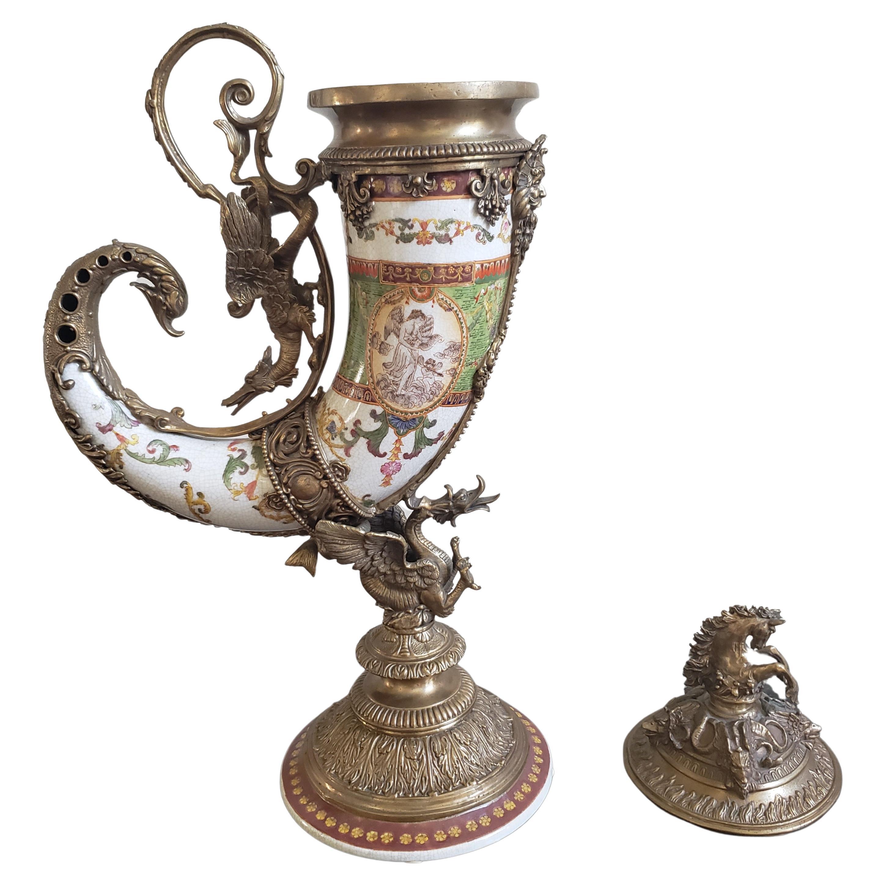 Baroque 1895 Sevres Style Porcelain and Ormolu Bronze Covered Cornucopia Urn Vase For Sale