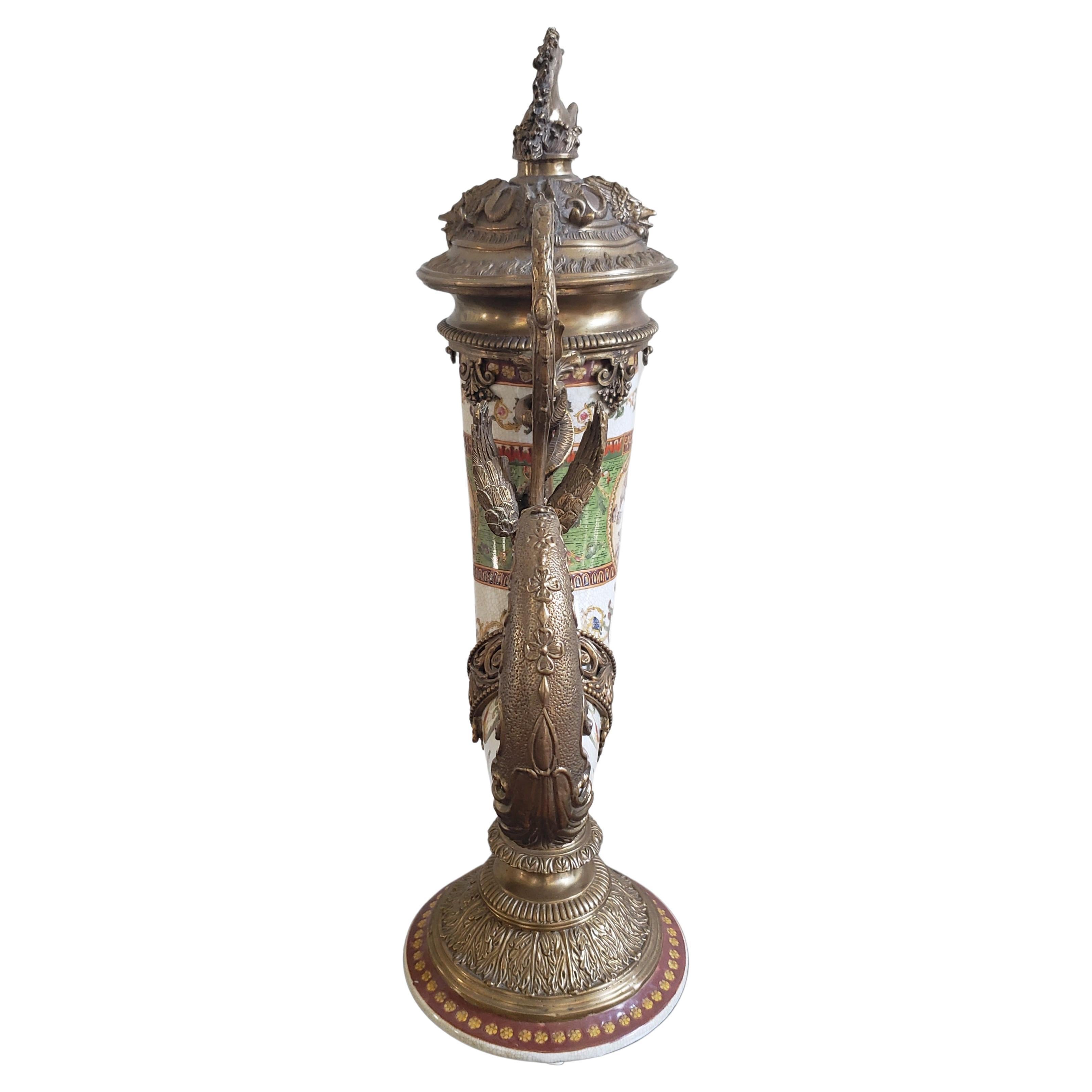 Other 1895 Sevres Style Porcelain and Ormolu Bronze Covered Cornucopia Urn Vase For Sale