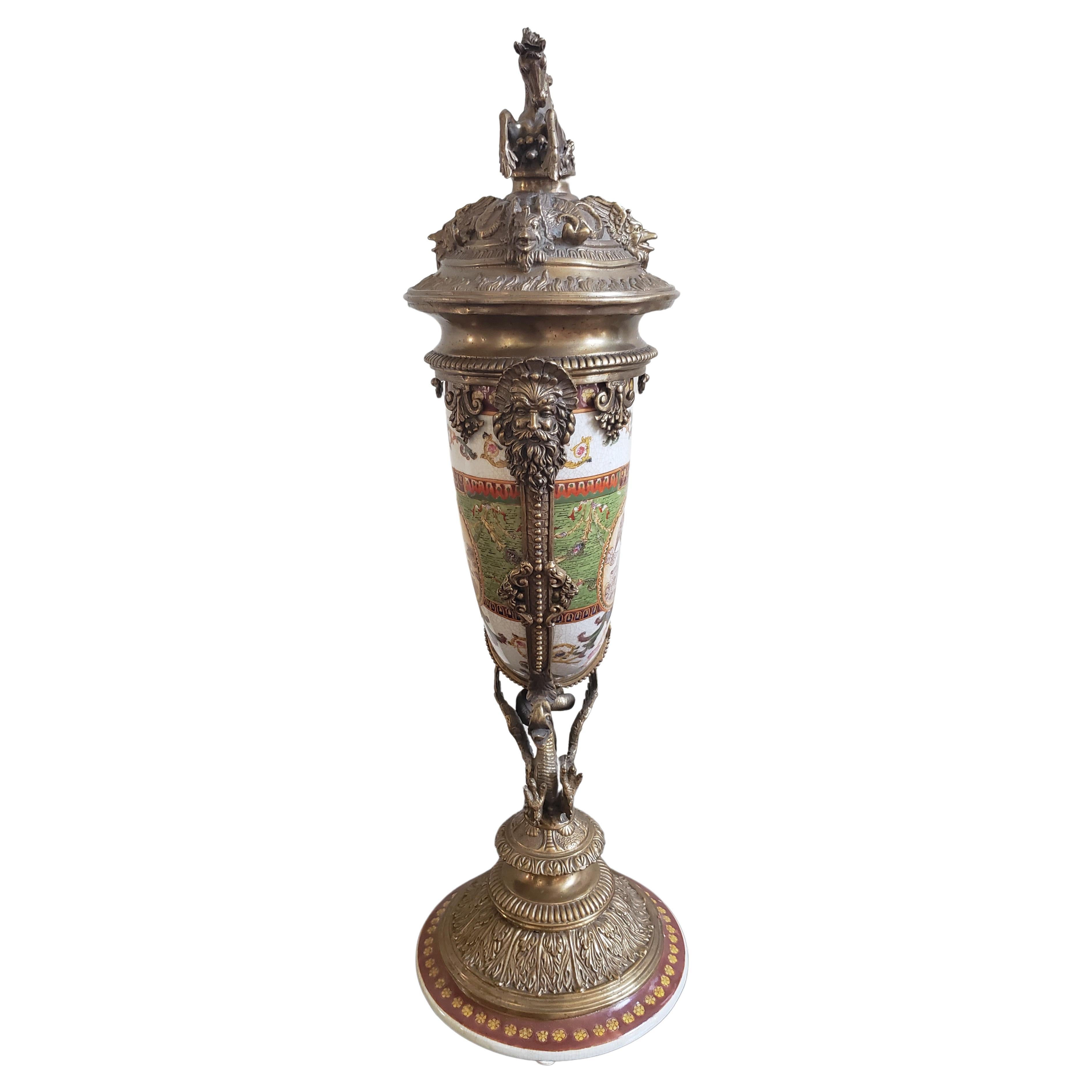 1895 Sevres Style Porcelain and Ormolu Bronze Covered Cornucopia Urn Vase In Good Condition For Sale In Germantown, MD