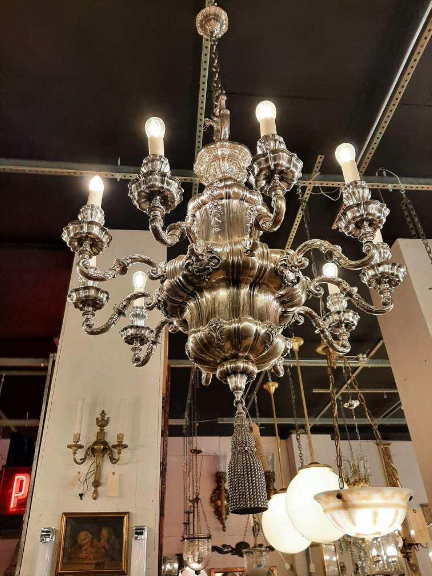 1895 Silvered Bronze Georgian 10 Arm Chandelier E F Caldwell For Sale 7