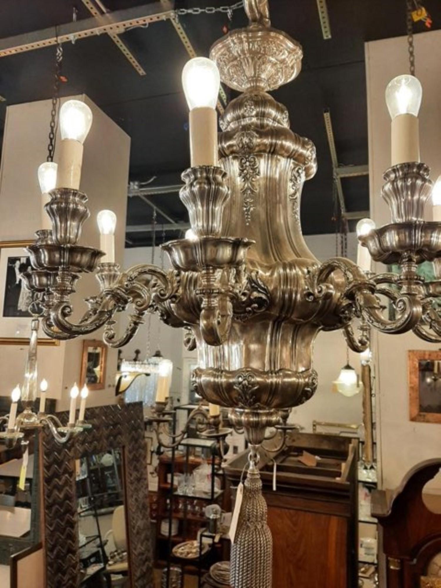 Late 19th Century 1895 Silvered Bronze Georgian 10 Arm Chandelier E F Caldwell For Sale