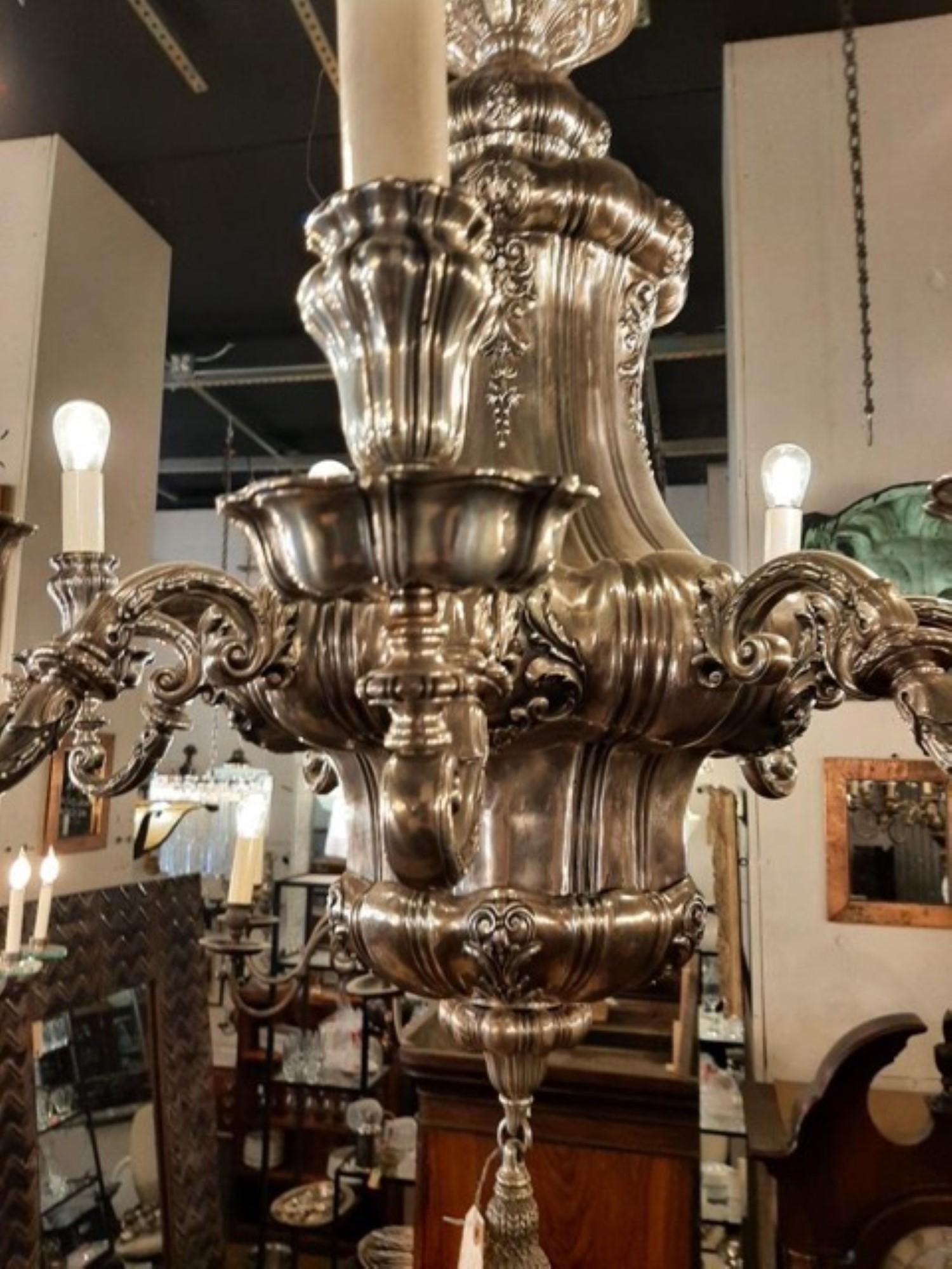 1895 Silvered Bronze Georgian 10 Arm Chandelier E F Caldwell For Sale 3
