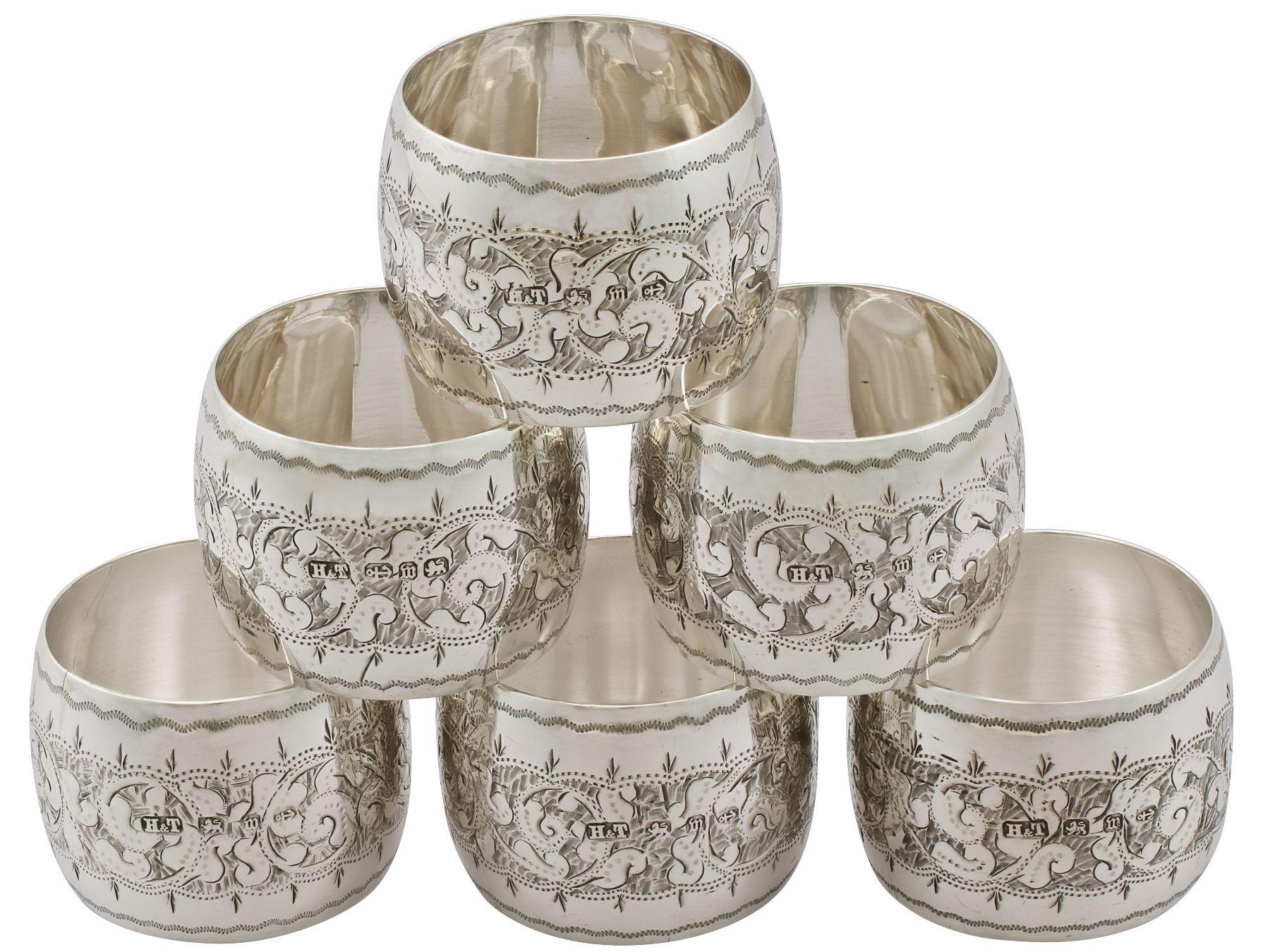British 1896 Antique Victorian Sterling Silver Napkin Rings Set of Six
