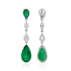 18.96 Carat Emerald Gemstone Dangle Earrings 3.40 Ct SI/H Diamond 18k White Gold