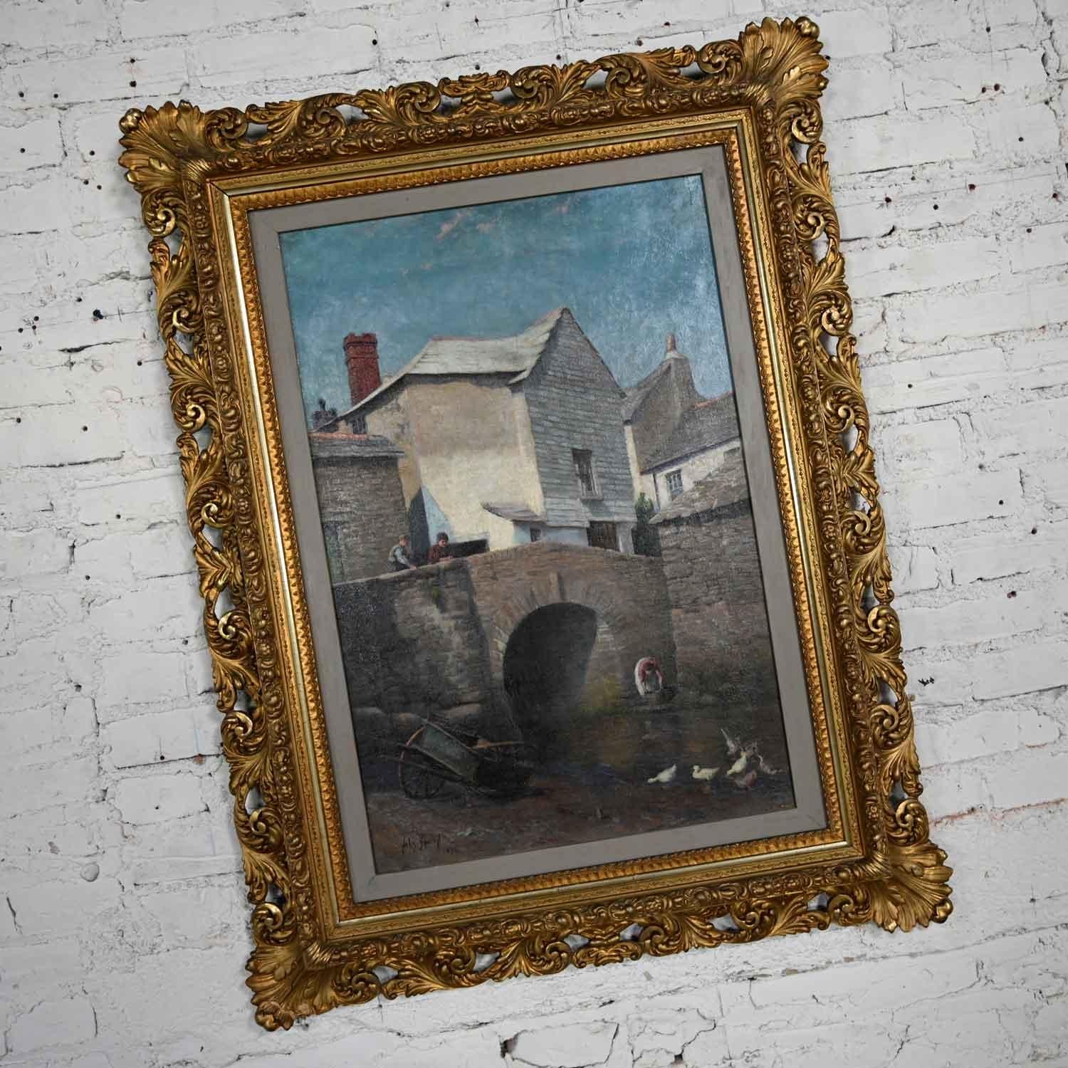 Fabulous antique realism landscape oil on canvas painting titled Polperro signed Hely Smith (a.k.a. Hely Augustus Morton Smith) with original Baroque style gilded frame dated 1896. Beautiful condition, keeping in mind that this is vintage and not