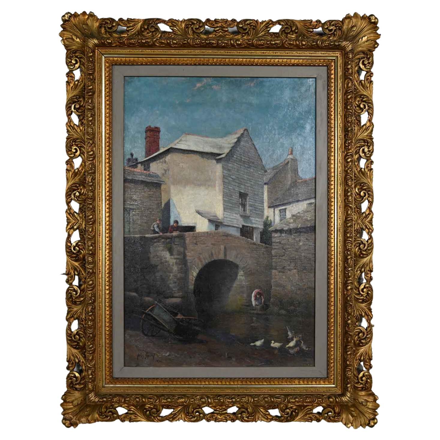 1896 Realism Landscape Oil Painting of Polperro by Hely Smith Orig Gilded Frame For Sale