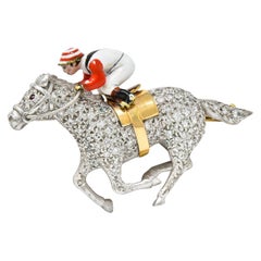 1897 E. Wolfe Co. Enamel Pave Diamond 18 Karat White Gold Horse & Jockey Brooch