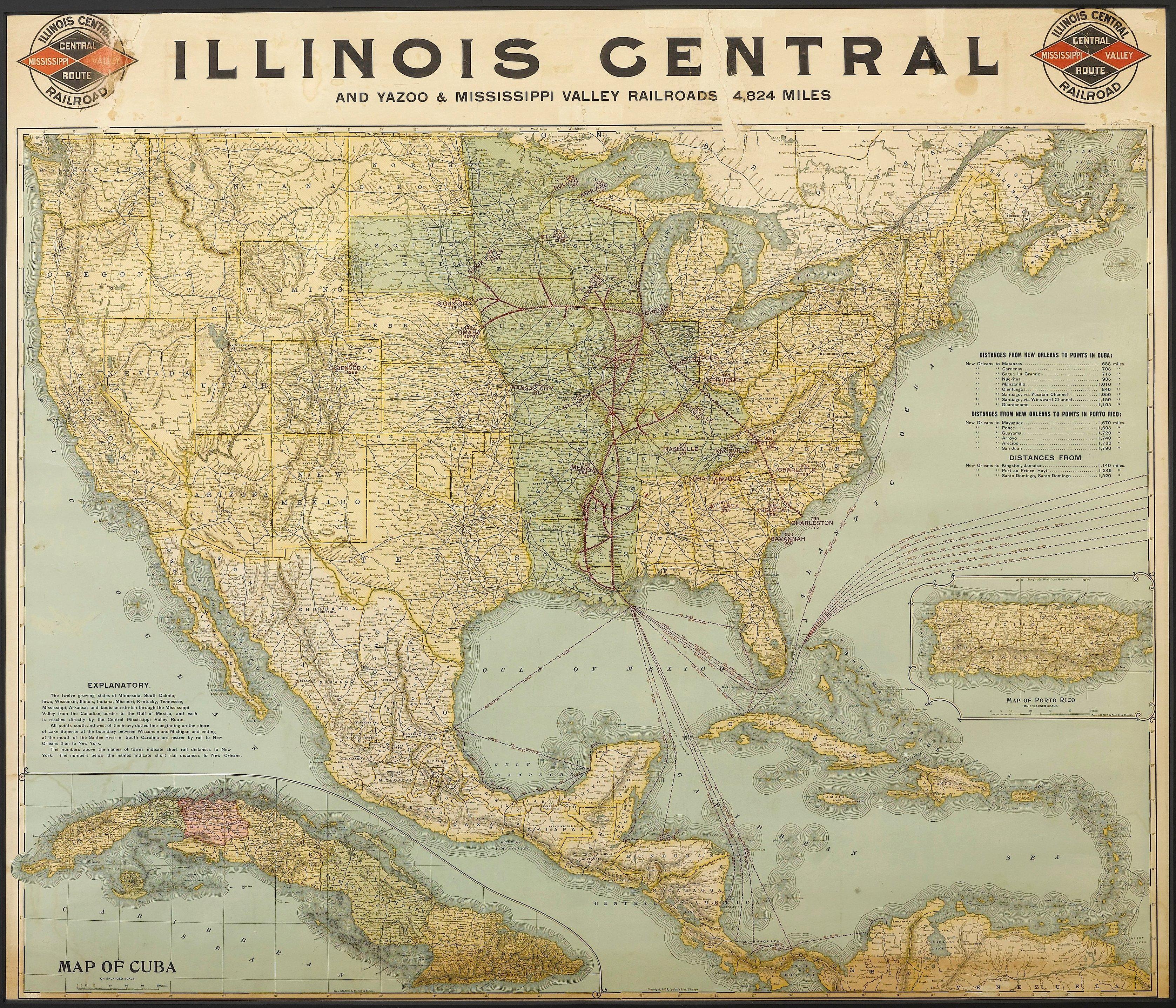 Dies ist eine Eisenbahnkarte von 1899 der Illinois Central und der Yazoo and Mississippi Valley Railroads, herausgegeben von den Gebrüdern Poole. Die Karte zeigt das gesamte Gebiet der Vereinigten Staaten vom Atlantik bis zum Pazifik, den Golf von